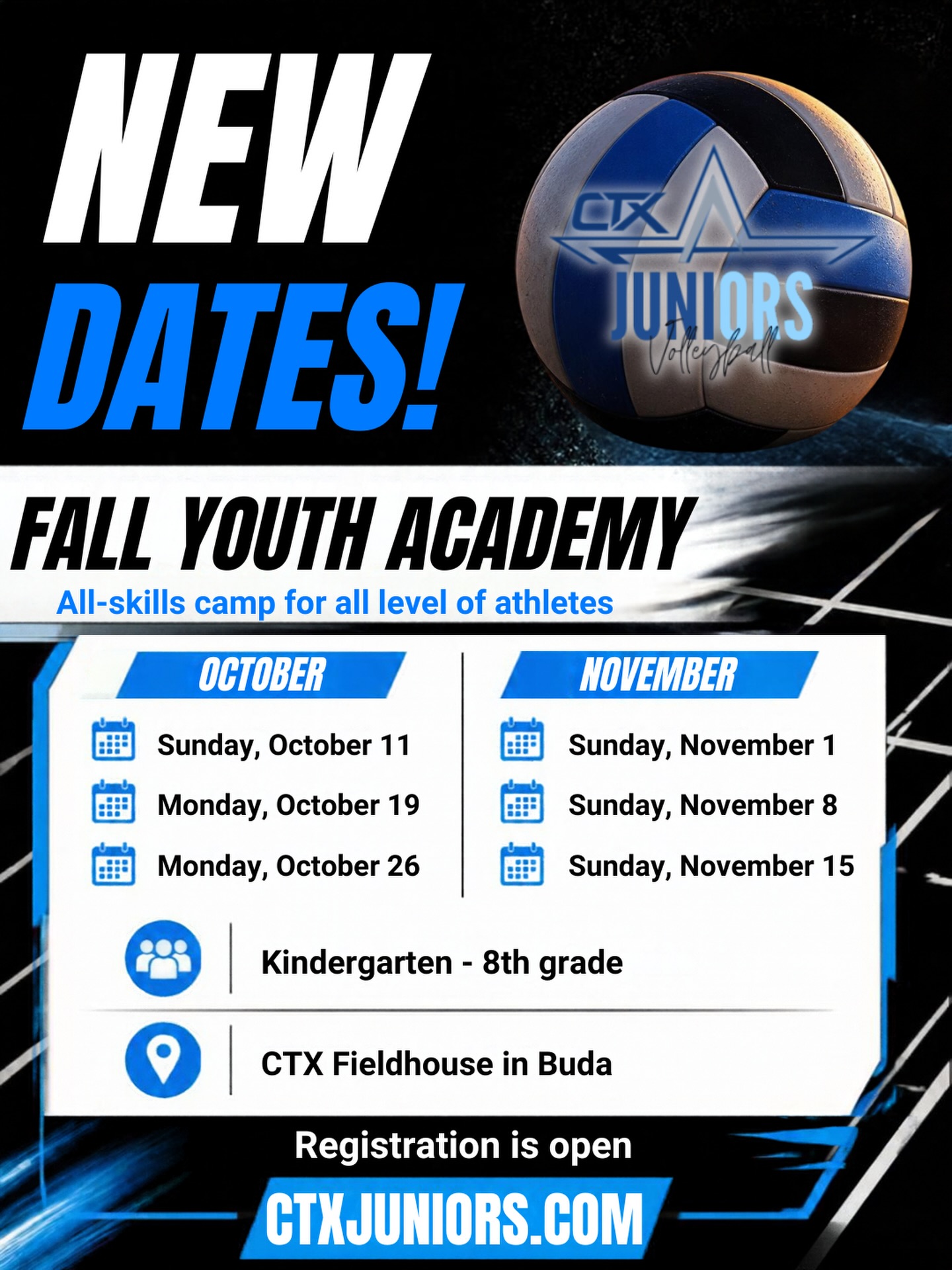 🏐 NEW DATES = TWO MORE WEEKS TO JOIN US! 💙
Our Fall Youth Academy has been pushed back, which means you now have 2 MORE WEEKS to get registered! 🎉
Youth Academy is open to Kindergarten–8th grade athletes and is perfect for beginners AND experienced players looking to get more touches, build strong fundamentals, improve their skills, and grow their confidence on the court!
📅 NEW FALL DATES:
🏐 Sunday, October 11
🏐 Monday, October 19
🏐 Monday, October 26
🏐 Sunday, November 1
🏐 Sunday, November 8
🏐 Sunday, November 15
⭐ Tots: Kinder–2nd
⭐ Level 1: 3rd–4th
⭐ Level 2: 5th–6th
⭐ Level 3: 7th–8th
Spots are still available — and now you have TWO MORE WEEKS to join us!
👉 Register at CTXJUNIORS.COM
Come get in the gym, get more touches, and GROW YOUR GAME! 🏐💙
#CTXJuniors #YouthVolleyball #VolleyballTraining #AustinVolleyball #BudaVolleyball KyleVolleyball