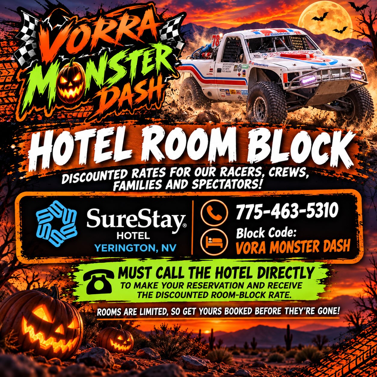 Thanks to new ownership and management at the yerington Surestay, we are going to have discounted group room blocks. See the attached flyer and be sure to call to make your reservations soon as we can only hold on to the rooms up to 10 days prior to the race.