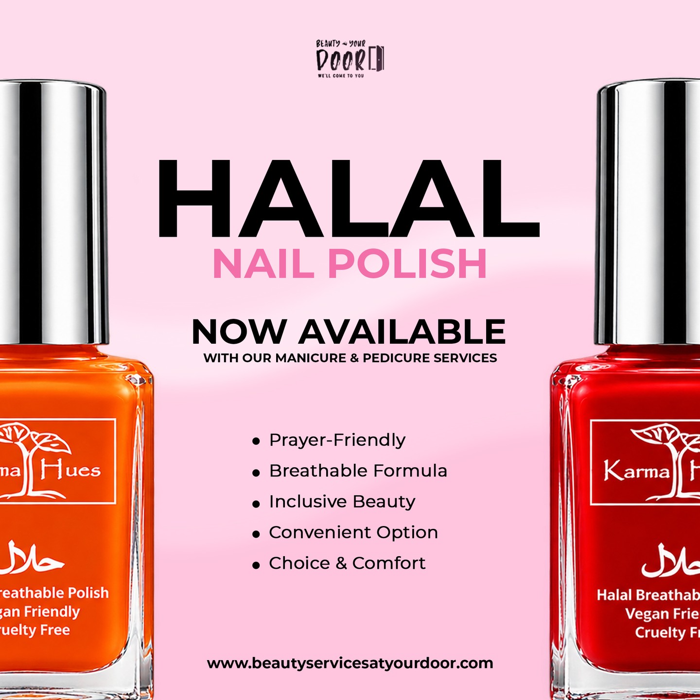Your manicure can be beautiful and still fit your routine.
Halal nail polish is now available with our manicure & pedicure services at BeautyAtYourDoor.
Think breathable formulas, beautiful colour choices and a prayer-friendly option, with your beauty appointment brought right to your door.
Serving clients across Brampton, Mississauga, Etobicoke & the GTA.
Book your manicure or pedicure today. We’ll come to you.
#HalalNailPolish #GTABeauty #MobileManicure #BramptonBeauty #BeautyAtYourDoor