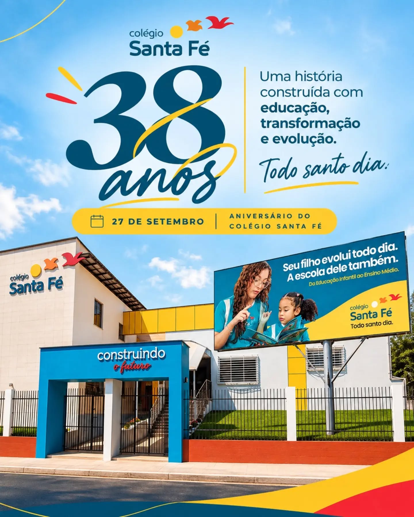 Hoje celebramos 38 anos de uma história que continua evoluindo. 💙💛
São quase quatro décadas dedicadas à educação, acompanhando descobertas, conquistas e tantos momentos que fazem parte da trajetória dos nossos alunos e das famílias que caminham conosco.
O tempo passa, novas histórias começam e o Santa Fé segue se transformando, sem perder aquilo que nos trouxe até aqui: o compromisso de fazer da educação um caminho para crescer, aprender e ir cada vez mais longe.
38 anos do Colégio Santa Fé.
Uma história construída com educação, transformação e evolução. Todo santo dia. ✨
Feliz aniversário, Santa Fé! 🎉