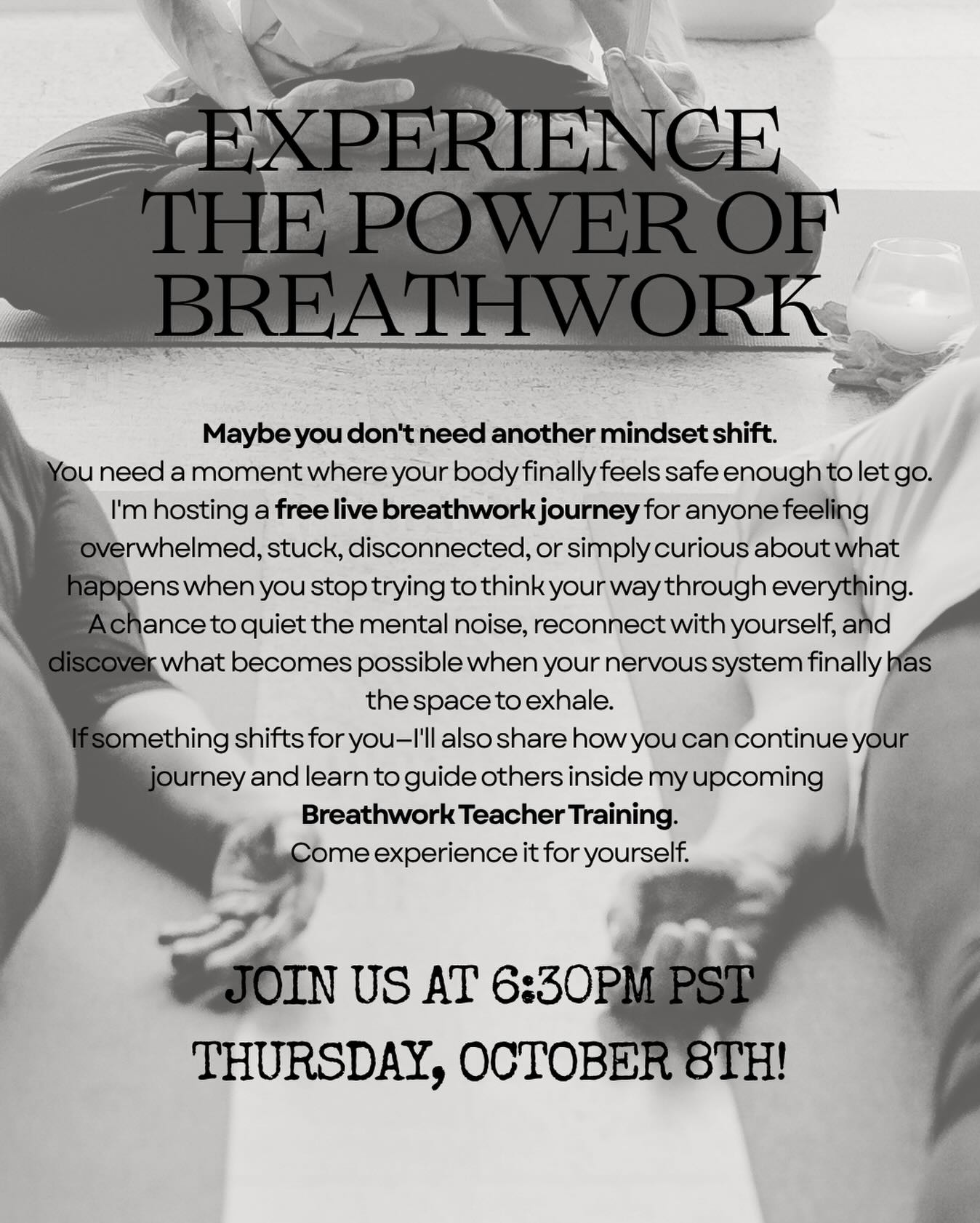 .
BREATHWORK changed my life. āØ
And it has the power to change yours too. āØ
If youāve been feeling called to slow down, REconnect, RElease, and come home to yourself ā this is your invitation. š¤
š¬ļø Join us for a FREE Live Breathwork Session!
š
October 8th
ā° 6:30 PM PST
If something shifts for youāIāll also share how you can continue your journey and learn to guide others inside my upcoming BREATHWORK TEACHER TRAINING.
Come experience it for yourself.
Register at the link š in my bio.
Iāll see you there! āØ
#breathwork #breathworkhealing #consciousbreathing #freeevent #majarebornyoga