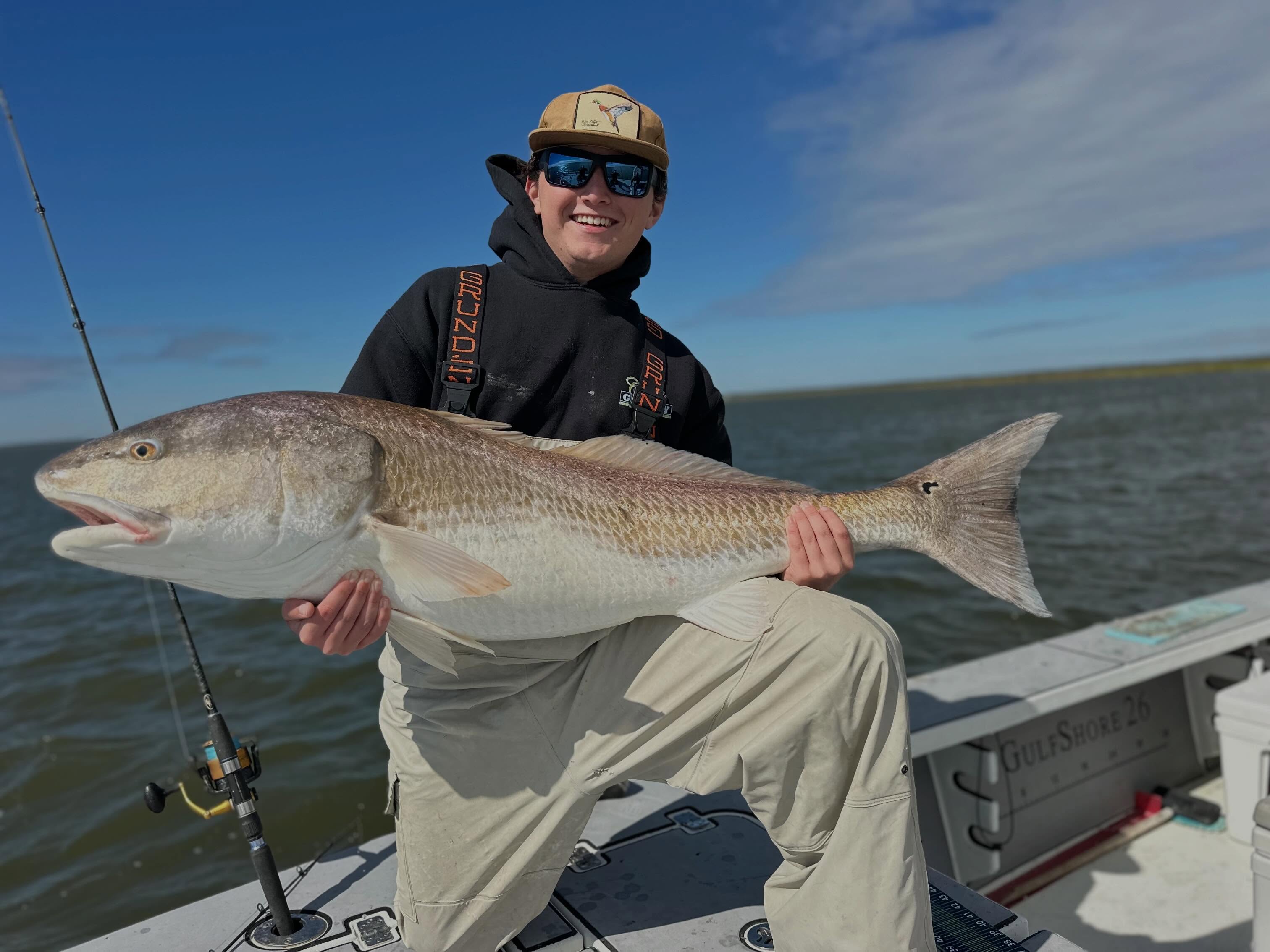 Fun trip this morning with @andy.king95 his son @logan_cking and his friend @lukehampton09. Luke was fortunate enough to catch his first bull red this morning and feel the rush. Logan answered back with a brute measuring 48 inches, both fish were over the 43 mark and citations will be filled out tonight. Congratulations guys, had a blast! #memories #bullred #citation #weather #wind