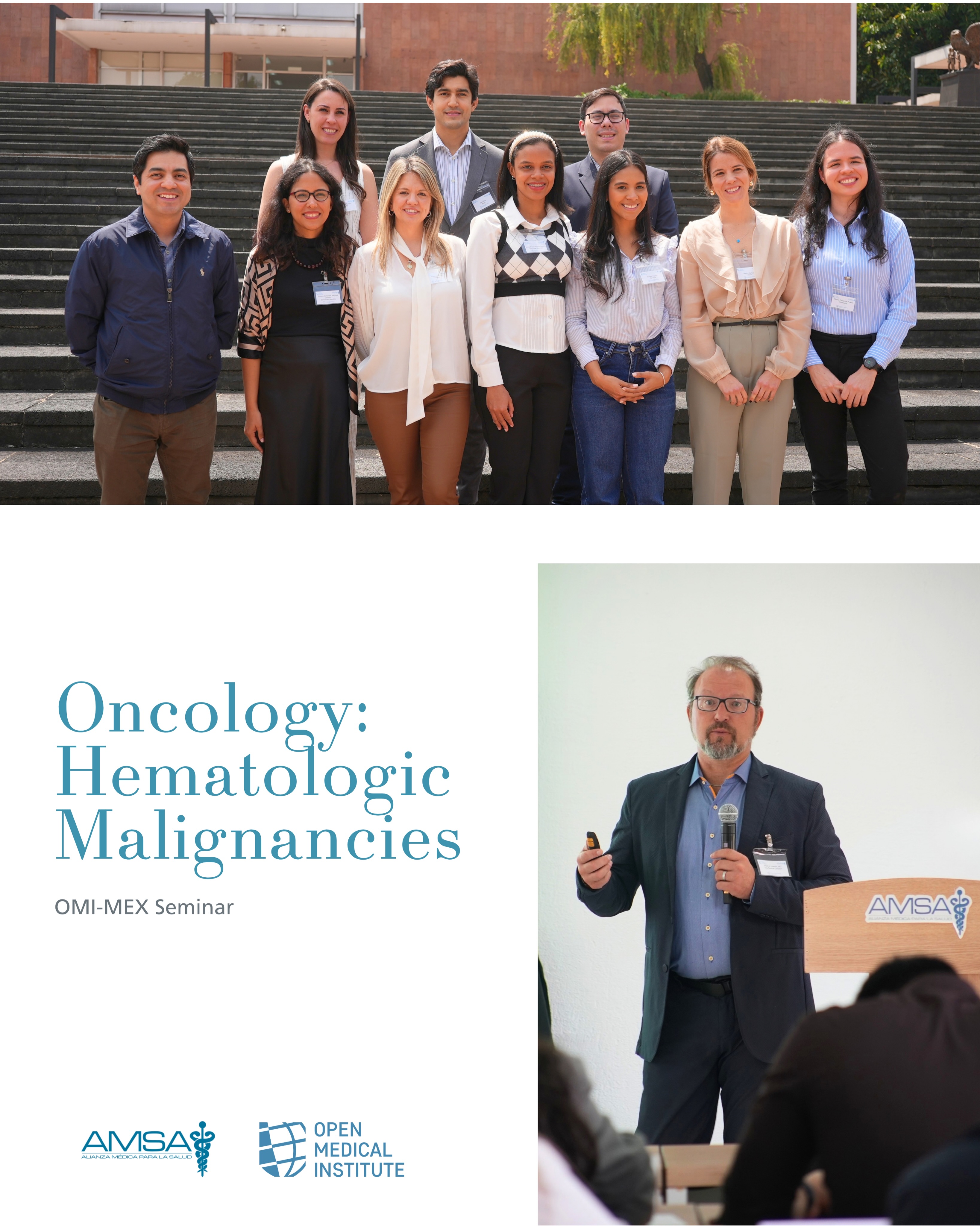 Del 21 al 23 de septiembre, se llevó a cabo el OMI MEX MSKCC Seminar in Oncology: Hematologic Malignancies, en colaboración con Memorial Sloan Kettering Cancer Center, con la participación de Craig S. Sauter, MD, y Paul A. Hamlin, MD como course directors.
El programa reunió a faculty y fellows para profundizar en el abordaje de distintas neoplasias hematológicas, con sesiones dedicadas a linfomas, leucemias, trasplante de células madre y terapia CAR-T, entre otros temas. También se realizaron workshops de presentación y discusión de casos clínicos por parte de los fellows, como parte del intercambio académico del seminario.
Una edición que permitió combinar actualización especializada, discusión clínica e intercambio entre faculty y fellows en torno a los retos actuales de la oncología hematológica.