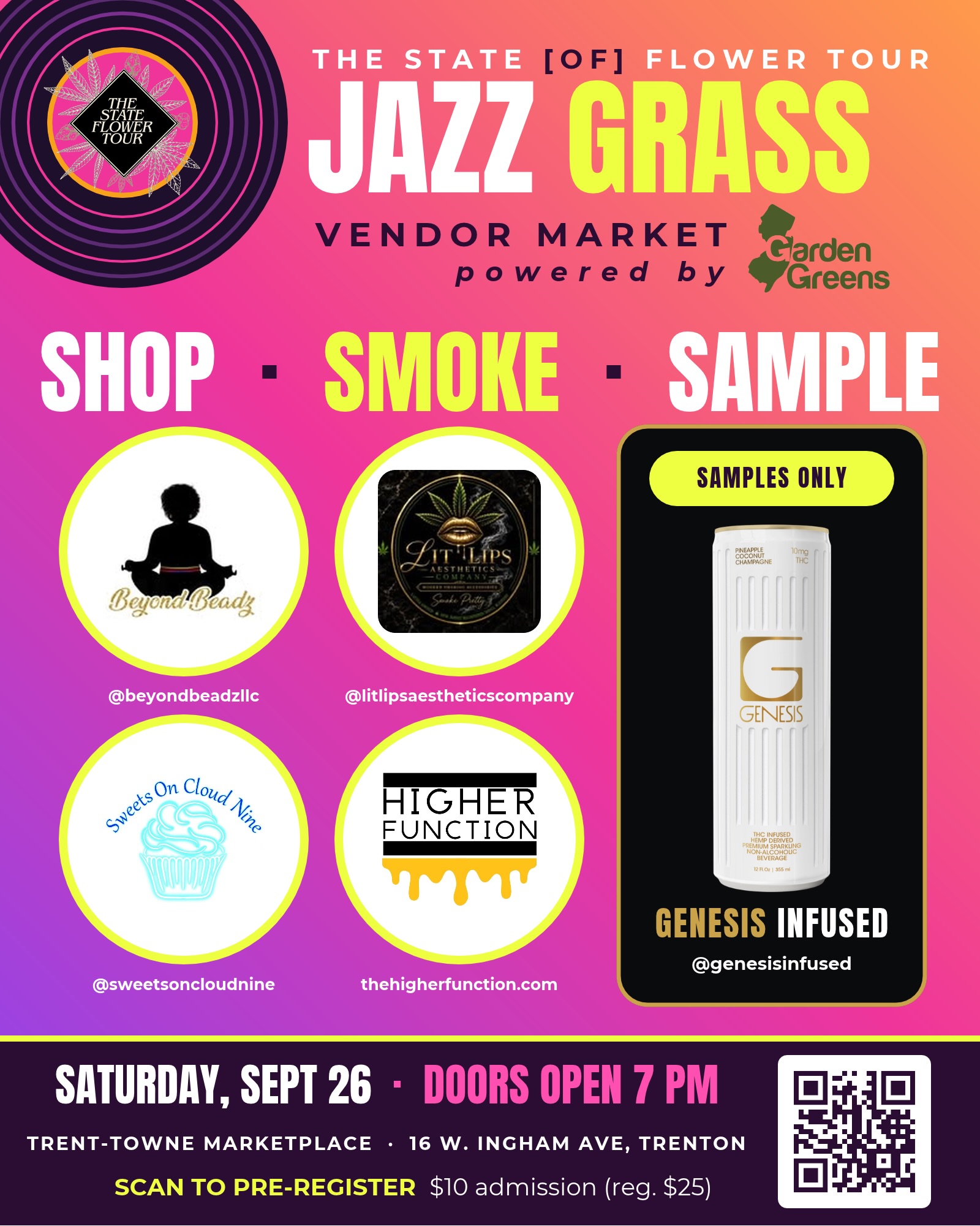 Y’all — tonight we SHOP. SMOKE. SAMPLE. 💨🛍️🥤
Our small-but-mighty Jazz Grass Vendor Market is powered by @GardenGreens — with local makers, infused samples + good energy in the building.
📍 Trent-Towne Marketplace
🚪 Doors open 7PM
🎟️ $10 ONLY if you’re on the pre-registration list. Otherwise, it’s $25 at the door. Scan the QR code now to get on the list.
🌿 Shoutout to @thehigherfunction for hosting our Jazz Grass Garden Tasting featuring @GardenGreens flower.
And if the market leaves you wanting more… our community partner @SimplyPureTrenton is just four minutes away, with FREE on-site delivery available all night. 🌿💨
Big love to our vendors + community partners:
@beyondbeadzllc • @litlipsaestheticscompany • @sweetsoncloudnine • @genesisinfused • @thehigherfunction • @GardenGreens • @SimplyPureTrenton • @TrentTowneMarketplace
Trenton, we outside TONIGHT. 🎷🔥
#DasheedaDawson #TheWeedHead #SheBlaze420 #StateFlowerTour #cannabisandmusic