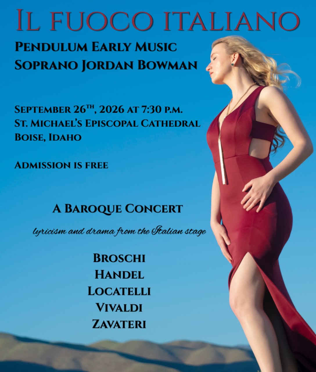 I am overjoyed to collaborate with Pendulum Early Music in Boise this weekend! This group sounds really excellent. I LOVE this repertoire, and have since performing the title role in Handel’s Semele at The College of Idaho. My voice has changed dramatically since then. This is wonderful because my favorite arias and roles in the Baroque period were written for castrati! They require lower registration abilities and my voice, despite being a soprano, can just live there now!! Thank you, Andrea DelGiudice!!
Please consider attending this Saturday!! ❤️🔥❤️🔥❤️🔥