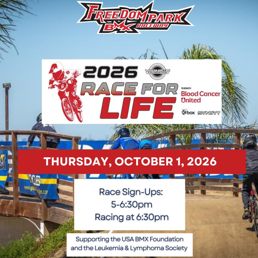Tonight! Join us for a special rendition of Thursday night racing with our 2026 Race for Life. Sign-ups 5-6:30PM, racing at 6:30PM.
The Race for Life is in support of the USA BMX Foundation and the Leukemia & Lymphoma Society. Entry fees will be donated to this important cause and all riders will earn certificate awards.
See you at the track 🙏
#freedomparkbmx #usabmx #usabmxfoundation #raceforlife