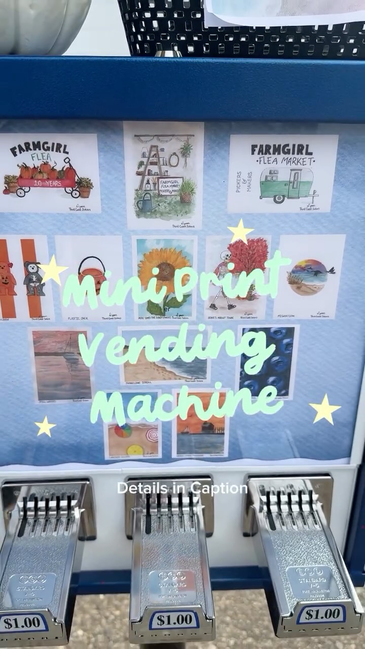 We LOVE an interactive experience and are so excited to have @thirdcoastsisters here with their mini print vending machine!
You can get one of 13 mini prints (including 3 Farmgirl Flea EXCLUSIVE designs). Or if you get their golden ticket you get one of each!
How fun is this little memory maker! And you can even use digital payments and they will give you quarters to use!
Stop by the East side of barn 2 (outside our info booth) to grab yours today!
#miniprint #art #fleamarket #interactive #vintagemarket