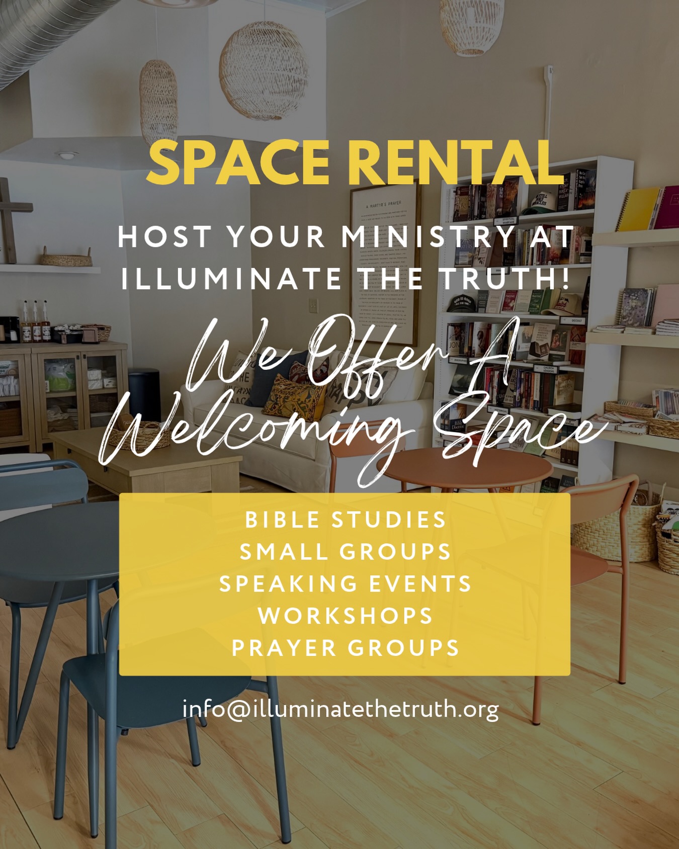 Looking for a place to have your Bible study, small group, or workshops? Reach out to me I offer affordable pricing to rent my space.