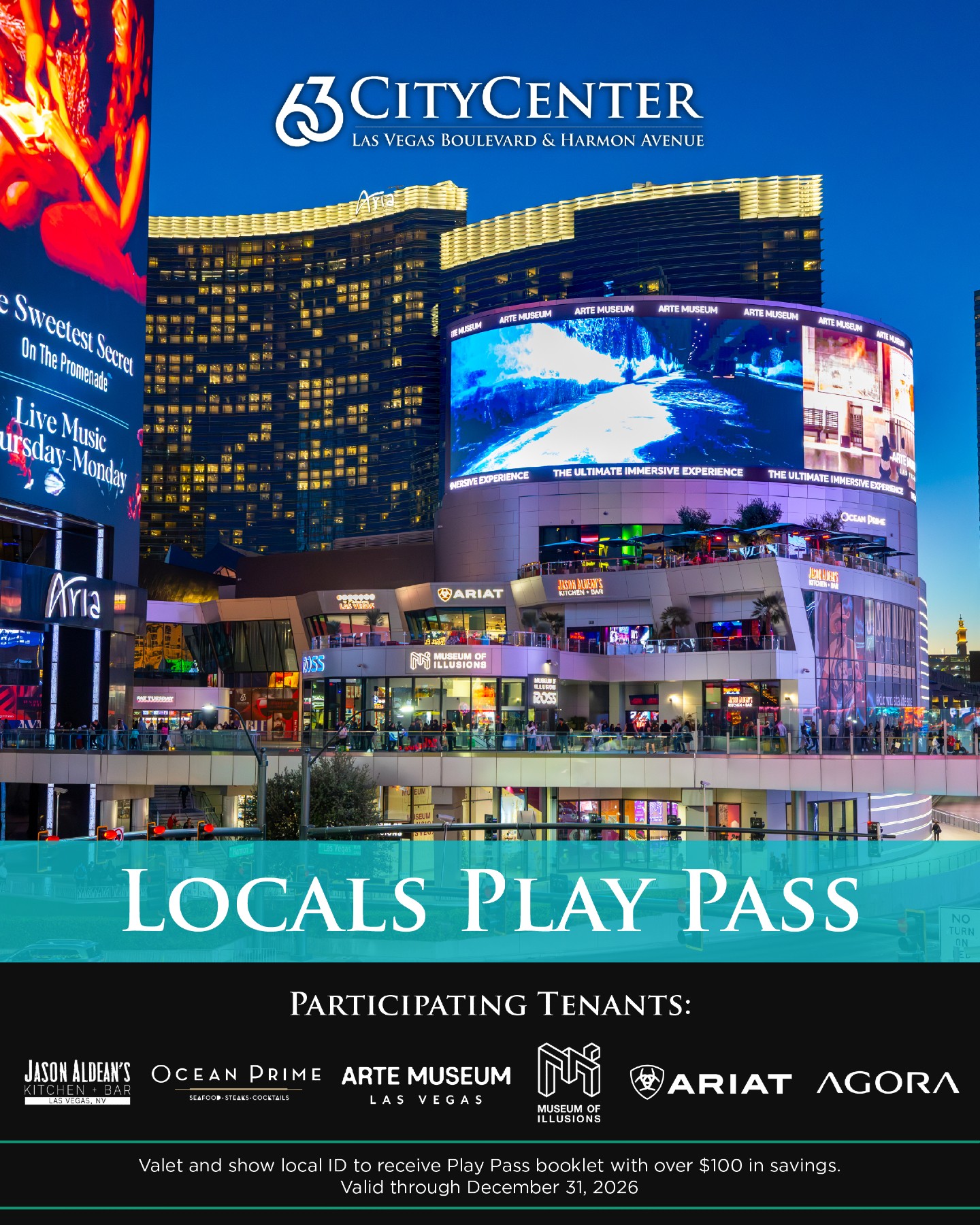 Vegas locals, your next day out comes with perks. ✨ Nevada residents get over $100 in savings at participating dining, shopping and entertainment destinations.
Simply valet, show your local ID and receive your Play Pass booklet to start exploring.
Valid through December 31, 2026.
@museumofillusions_usa @artemuseum_lasvegas @oceanprimelasvegas @ariatlasvegas @agora_cosmetics @jasonaldeansvegas