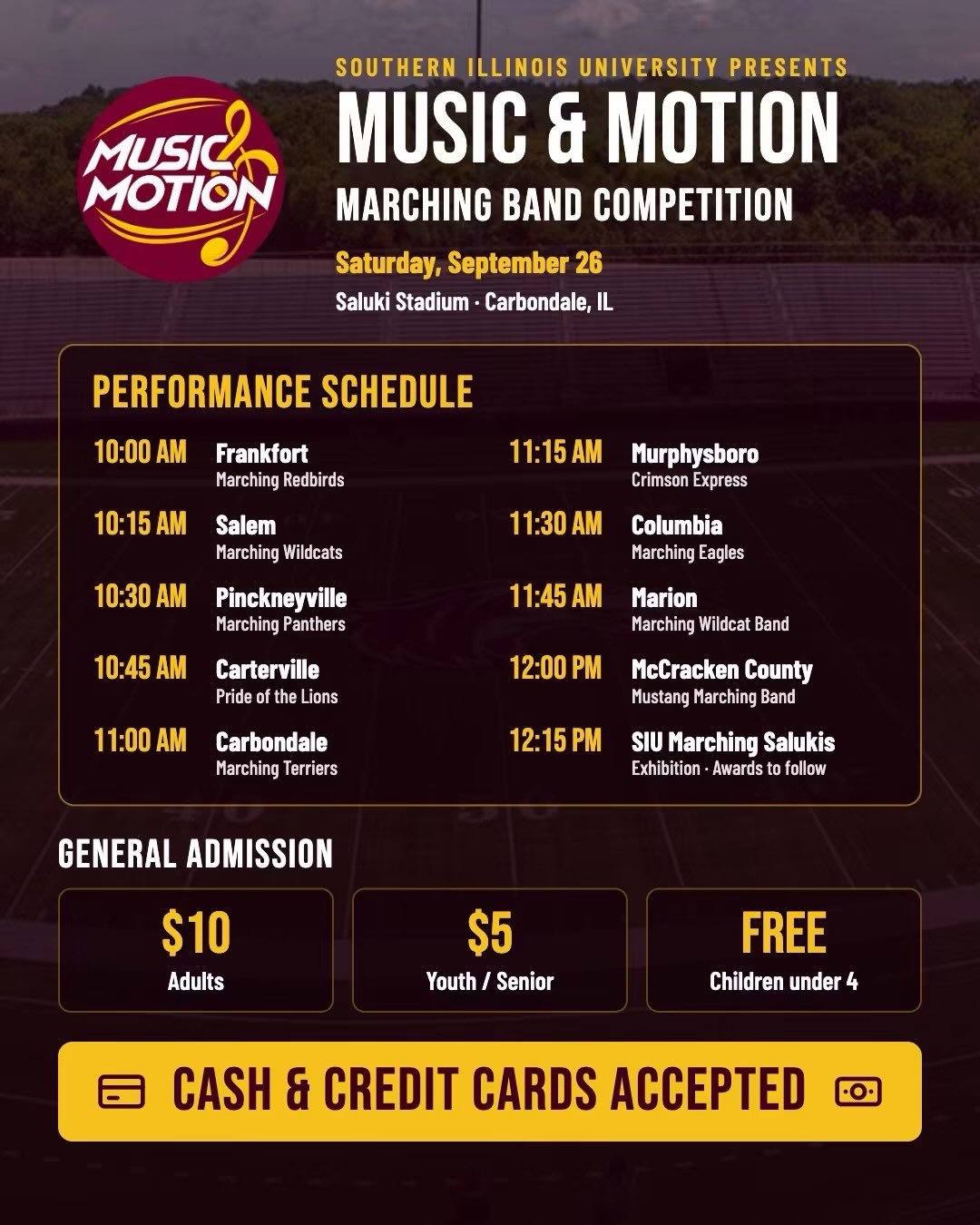 It's show day tomorrow. Come out and watch Crimson take the field at Saluki Stadium! They will perform their 2026 Field Show "BLUE" at 11:15 AM. Let's Go CE!