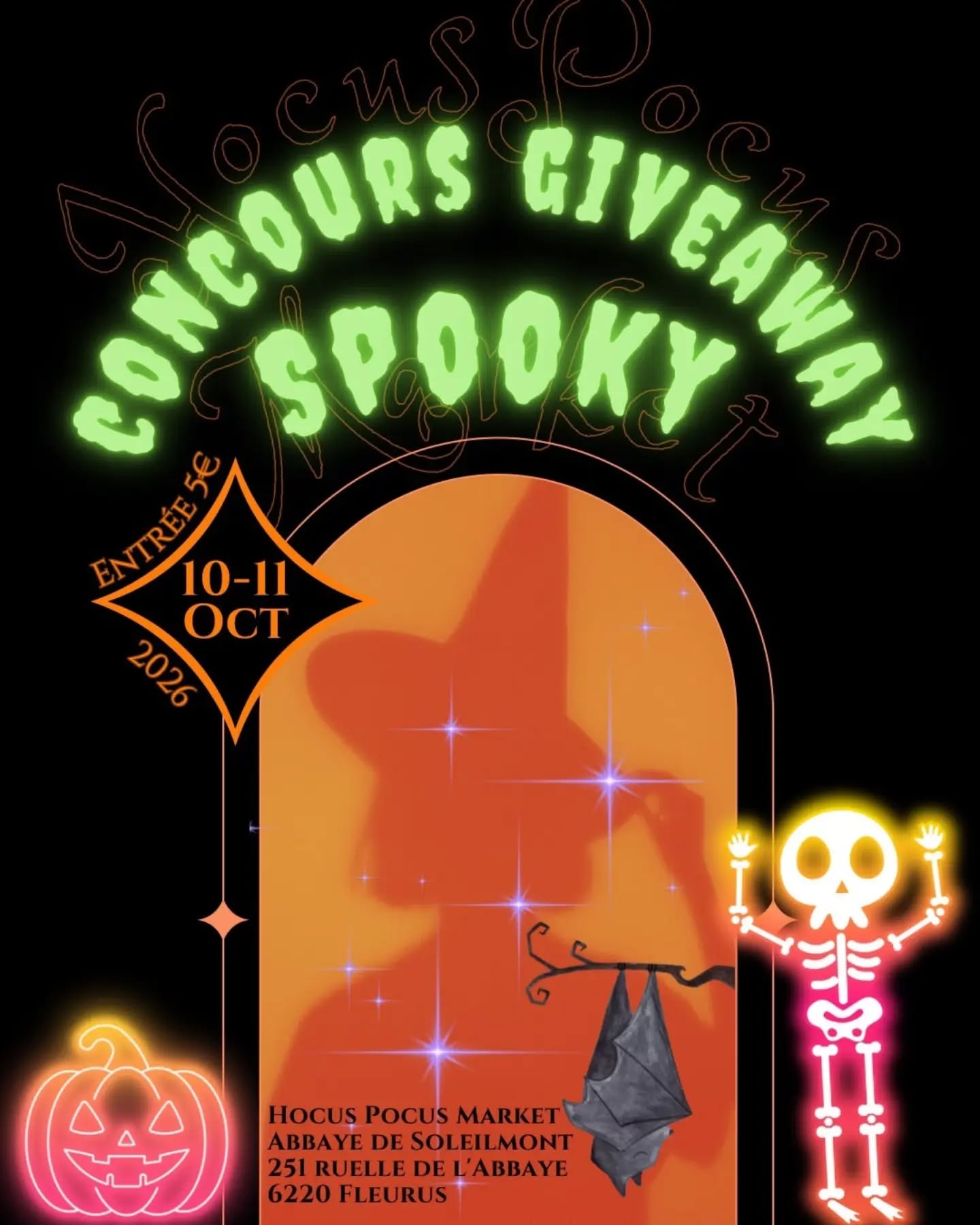 🇫🇷 CONCOURS HOCUS POCUS MARKET 🎃
Ça y est, le Hocus Pocus Market approche et j'ai 4 entrées à faire gagner : 2 ici sur Instagram et 2 sur Facebook !
Pour participer :
🎃 Suis @tchiniss_et_canistias et @hocuspocusmarket
🖤 Like cette publication
👻 Identifie en commentaire 2 personnes avec qui tu aimerais venir… et dis-moi en quoi tu les obligerais à se déguiser ! 😈
🕸️ Partage la publication en story en nous identifiant
Tirage au sort le 5 octobre. Gagnants contactés personnellement en MP uniquement avec ce compte.
Et si tu veux doubler tes chances, le même concours t'attend sur ma page Facebook avec 2 autres places à gagner. 😉
Rendez-vous les 10 & 11 octobre à l'ancienne Abbaye de Soleilmont pour le Hocus Pocus Market. 🎃
Bonne chance !
🇬🇧 HOCUS POCUS MARKET GIVEAWAY 🎃
Hocus Pocus Market is getting closer, and I have 4 tickets to give away : 2 here on Instagram and 2 on Facebook !
To enter :
🎃 Follow @tchinissetcanistias and @hocuspocusmarket
🖤 Like this post
👻 Tag 2 people you’d love to bring with you… and tell me what you’d make them dress up as! 😈
🕸️ Share this post to your story and tag us
I’ll draw the winners on October 5.
And if you want to double your chances, head over to my Facebook page where 2 more tickets are up for grabs. 😉
See you on October 10 & 11 at Abbaye de Soleilmont for Hocus Pocus Market. 🎃
Good luck!