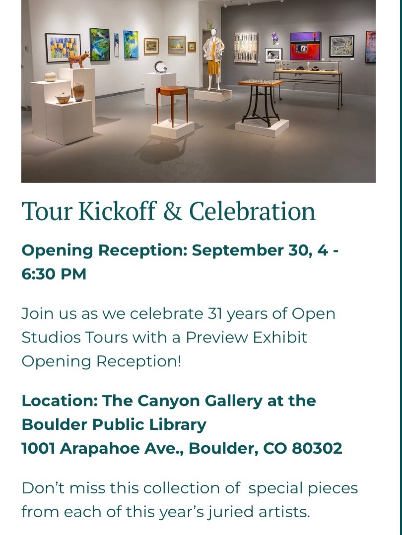 Tomorrow night - Wednesday, Sept 30th at the downtown Boulder Library. It is an amazing show of local artwork. Be sure to say hello to me if you come down.
@openstudiosboulder.