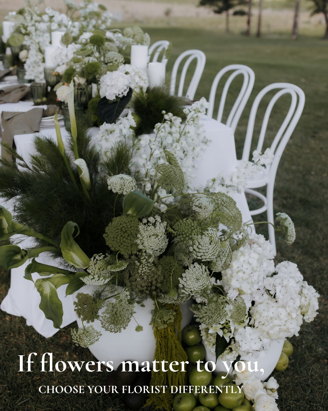 A beautiful portfolio might be where you start. But it shouldn't be where you stop.
When choosing your wedding florist, you are trusting someone with far more than the flowers in a photo.
You're trusting their experience. Their planning. Their understanding of your venue. Their ability to guide you on where your investment will create the most impact and where it won't.
You're trusting them to understand, scale, timing, access and logistics. To adapt when the weather doesn't cooperate. And ultimately, to deliver what you've spent months (perhaps years imagining)
That's why choosing your florist shouldn't simply come down to comparing a list of arrangements or the number at the bottom of a quote.
After 14 years, and more than 1000 weddings we've learnt an enormous amount of what it takes to create a wedding beautifully not only in photos but in the planning and execution that gets you there.
We don't expect our couples to know all the answers. That what you're hiring us for.
You bring us the feeling, the colours, the things you both love, the things you don't.
The priorities and the ideas you can't quite put into words yet.
We'll take it from there.
2027 dates still available and our 2028 calendar is OPEN.