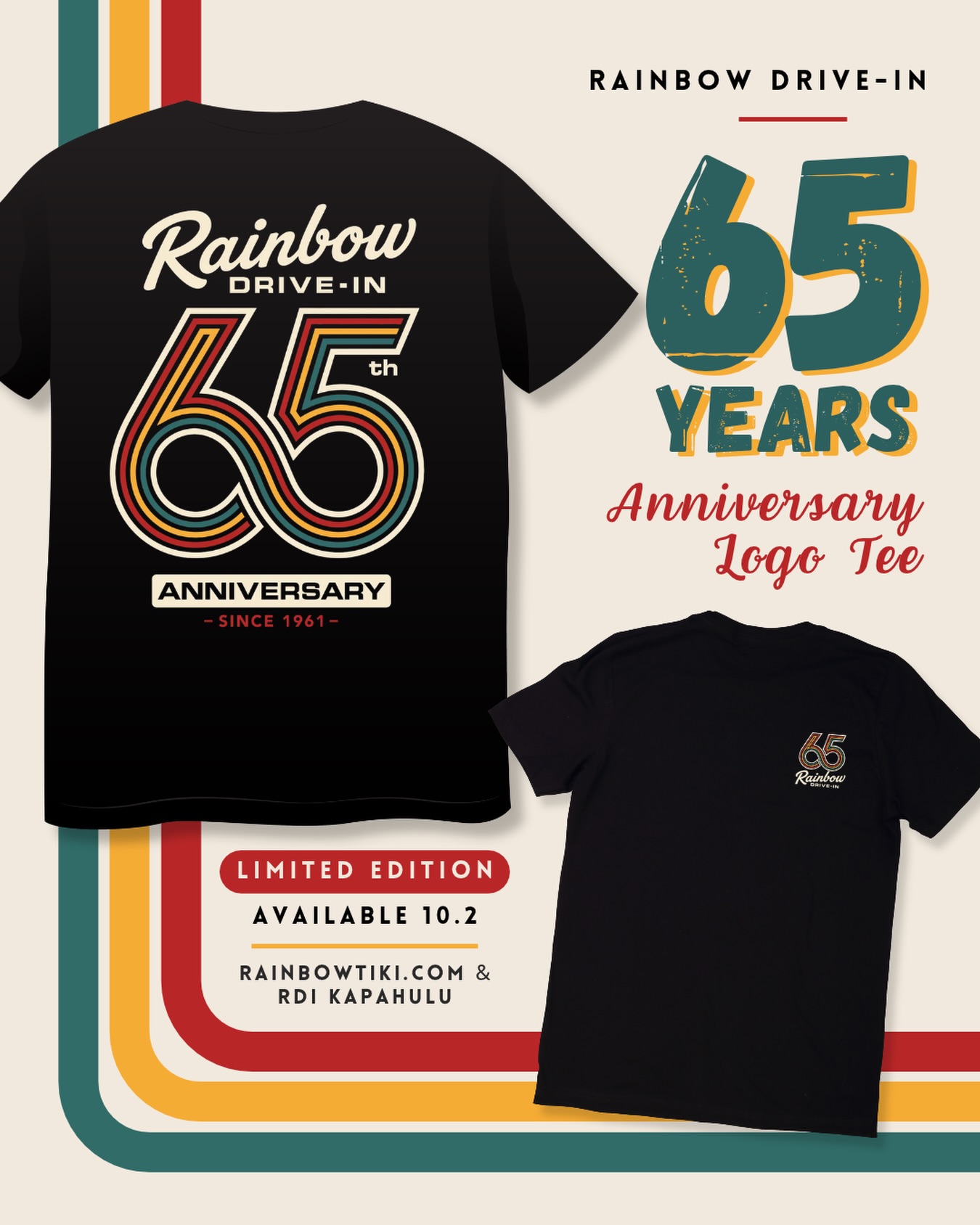 Celebrating 65 years with a design that keeps the story going 🌈
Our 65th Anniversary logo was created by our friend Quintin @hypegraphics who also designed our 60th Anniversary logo five years ago. This time, he brought our history to life with an infinity-inspired 65. A nod to where we started in 1961 and the generations that continue to make Rainbow Drive-In part of their story today.
To 65 years and beyond 💙💛❤️
Limited-edition anniversary tees will be available 10/2 at Rainbow Drive-In Kapahulu and online at RainbowTiki.com