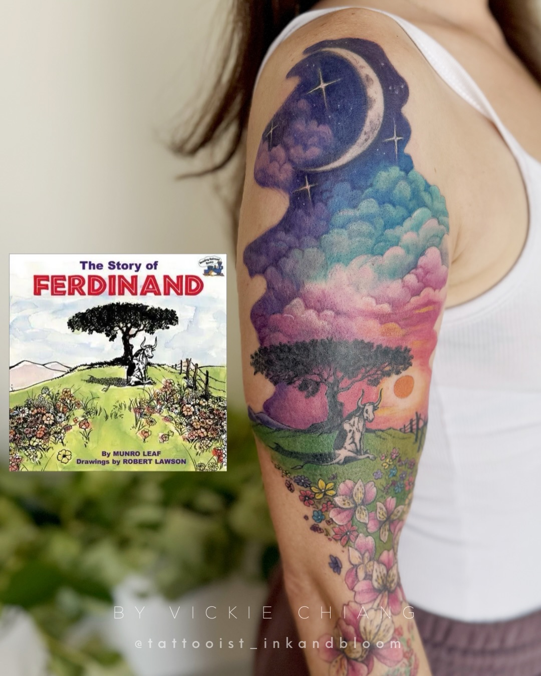 From a classic children’s book cover to a whole world of color! I loved translating the peaceful meadow from ‘The Story of Ferdinand’ into this watercolor arm tattoo, featuring a gentle Ferdinand under his favorite cork tree beneath a sunset and starry sky. His story is a beautiful reminder to be true to yourself. I incorporated the faded old floral tattoo from the elbow down and gave it a refresh new look and blend nicely into to new tattoo on the upper arm. Swipe to see the before-and-after photo♡
#FerdinandTheBull #StorybookTattoo #WatercolorTattoo #ChildrensBookArt #skytattoo