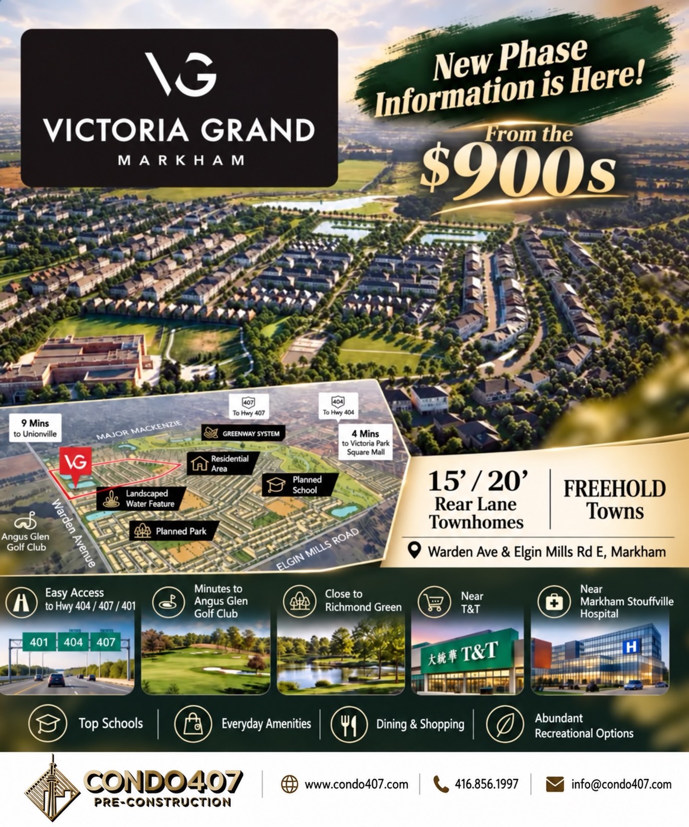 ✨ VICTORIA GRAND | NEW RELEASE IN MARKHAM
A new release of 15’ & 20’ Rear-Lane Townhomes is now available at Victoria Grand, along with updated pricing.
📍 Warden Ave & Elgin Mills Rd E, Markham
💰 Starting from the $900s
🏡 15’ & 20’ Rear-Lane Townhomes
🛣️ Convenient access to Hwy 404, 407 & 401
⛳ Close to Angus Glen Golf Club & Richmond Green
🛍️ Near T&T Supermarket
🏥 Close to Markham Stouffville Hospital
📍 Surrounded by schools, shopping, dining & recreation
This new phase brings updated home options and pricing within the Victoria Grand community.
📩 Contact CONDO407 for current pricing, floor plans and release details.
CONDO407 PRE-CONSTRUCTION
☎️ 416.856.1997
📧 info@condo407.com
🌐 www.condo407.com
Pricing, floor plans and availability are subject to the developer’s latest information.
#VictoriaGrand #MarkhamHomes #MarkhamTownhomes #FreeholdTownhomes #Condo407