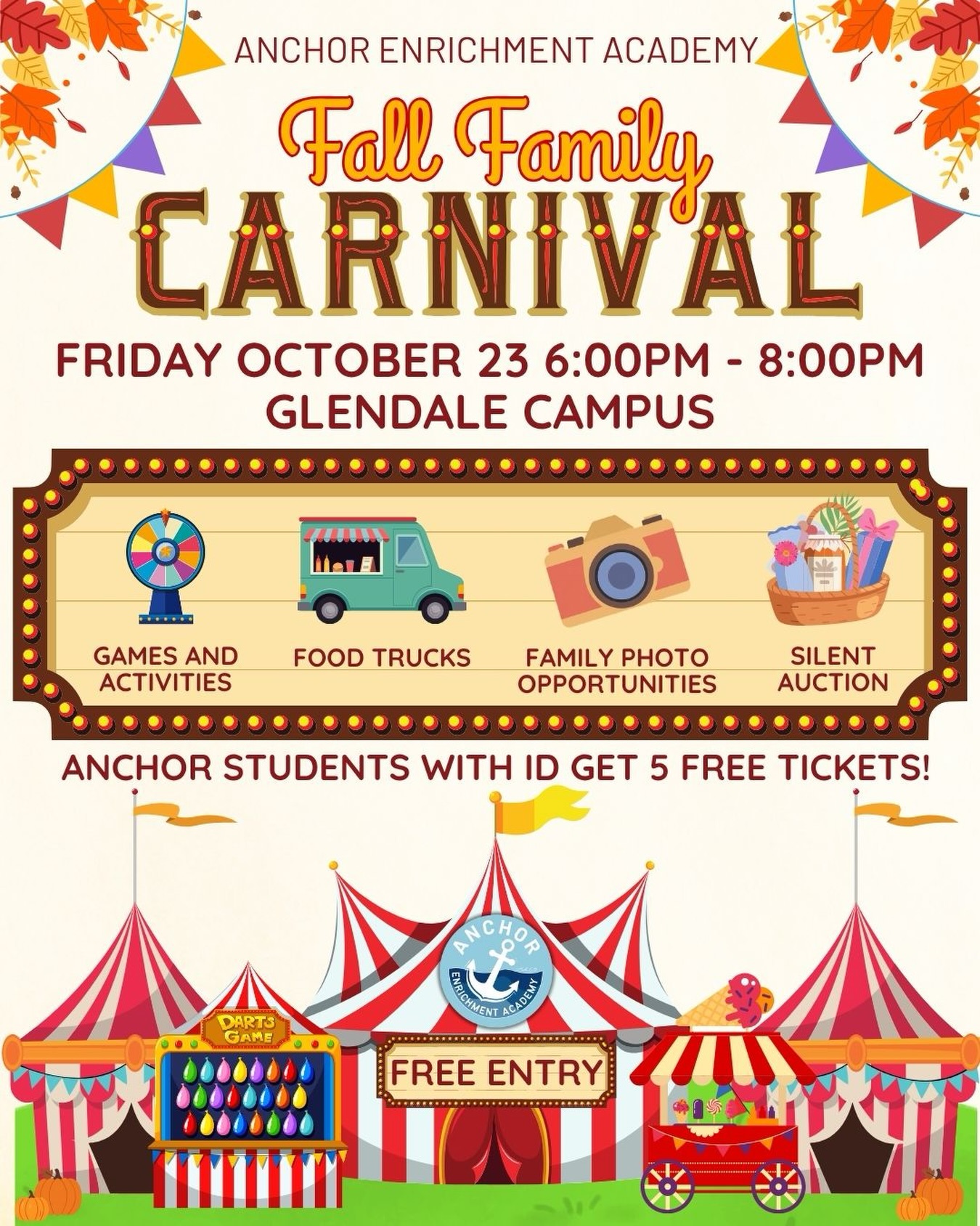 ⚓️🎪 ANCHOR FALL CARNIVAL! 🍂
Friday, October 23 | 6–8 PM
Come enjoy an evening of carnival fun for ALL ages!
🎨 Airbrush Tattoos
🍎 Caramel Apples
🌭 Hot Dogs & Snacks
🍋 Lemonade & Coffee
🎯 Games & Activities
🎶 Music
📸 Photo Ops
✨ AND MORE!
🎟️ FREE ENTRY!
Anchor students with ID get 5 FREE game tickets!
Bring your family & friends and come make some memories with us! ⚓️