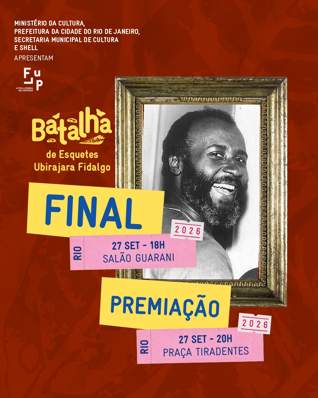 Chegou o grande dia da Batalha de Esquetes Ubirajara Fidalgo!
Seis grupos se apresentaram e chegaram até aqui mostrando a força e potência do teatro negro, mostrando que literatura e teatro tem grande conexão e não podem ser dissociadas. E hoje, dia 27 de setembro, a partir das 18h, começamos as seis apresentações na seguinte ordem:
1. Coletivo à Margem - Texto “A voz da consciência”;
2. Eparrey Produções - Texto “Bamba’s son”;
3. Trupe Silvas de Teatro - Texto “Tuti”;
4. Albatroz Cia de Teatro - Texto “A venda do pecado”;
5. Cia. Panela - Texto “Tuti”;
6. Os Ciclomáticos Companhia de Teatro - Texto “A venda do pecado”.
E após e decisão da comissão julgadora, a premiação seá a partir das 20h na Praça Tiradentes, no Palco Ibejis.
Acima de tudo, fica o registro de valorização não apenas do trabalho e legado do dramaturgo homenageado como também do poder da cena de teatro negro independente, aqui representada por 18 companhias que estiveram no palco do Salão Guarani recriando as obras do nosso autor.
Até 27 de setembro no Teatro Carlos Gomes, Praça Tiradentes e Salão Guarani.
#vempraflup celebrar as histórias na maré da memória!
A 16ª FLUP é apresentada pelo Ministério da Cultura, Prefeitura da Cidade do Rio de Janeiro, Secretaria de Cultura e Shell. Tem patrocínio master da Shell por meio da Lei Federal de Incentivo à Cultura, patrocínio da Prefeitura da Cidade do Rio de Janeiro e Secretaria de Cultura, por meio da Lei Municipal de Incentivo à Cultura - Lei do ISS, e Secretaria Municipal de Educação. O apoio é da Fundação Ford, Imaginable Futures, Instituto Ibirapitanga, Hawthornden Foundation, Fundação Itaú e British Council. A parceria é da Embaixada da França. Realização: Suave, Associação Na Nave e Ministério da Cultura.
De 16 a 27 de setembro, o Rio recebe a primeira edição da Semana de Arte do Rio.
Serão 12 dias de programação, reunindo festivais, exposições, intervenções urbanas e atividades de diferentes linguagens artísticas em espaços culturais, museus, teatros, galerias e equipamentos públicos da região central.
Uma que conecta arte, cultura, cidade e economia, fortalecendo o Rio como referência na produção artística contemporânea.