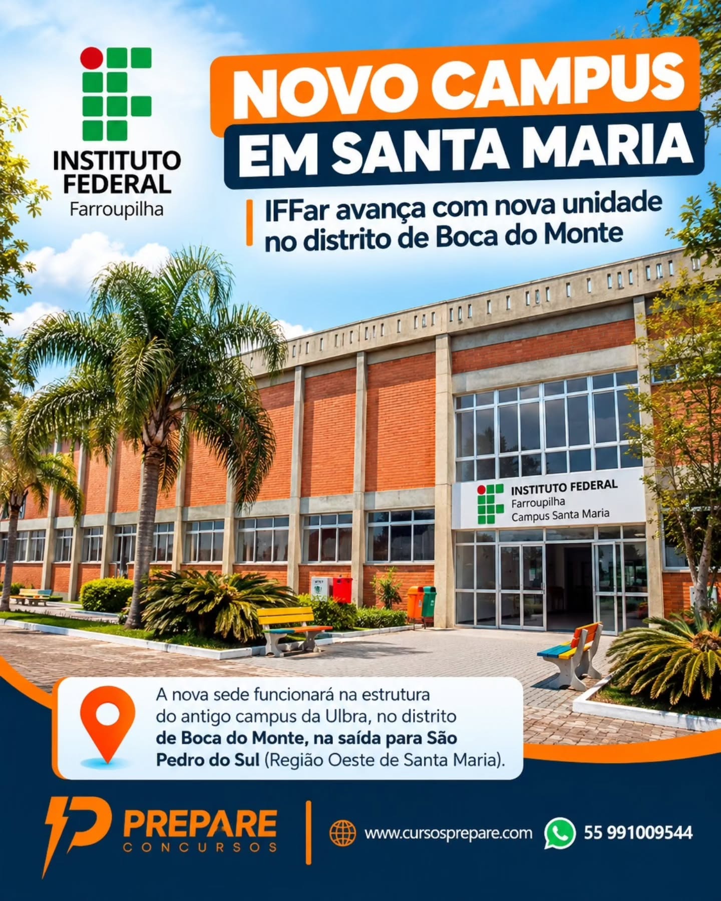🎓 GRANDE CONQUISTA PARA SANTA MARIA E REGIÃO! 🚀
O Instituto Federal Farroupilha (IFFar) vai se expandir!
O Ministério da Educação autorizou oficialmente o funcionamento do novo campus do IFFar em Santa Maria, que funcionará na estrutura do antigo campus da Ulbra, no distrito de Boca do Monte (saída para São Pedro do Sul).
Com um investimento de R$ 25 milhões garantido pelo novo PAC, o projeto prevê a adaptação da estrutura, compra de equipamentos e, o mais importante: a contratação de novos servidores e professores!
Essa é a oportunidade que você estava esperando para conquistar a sua estabilidade e mudar de vida ingressando no serviço público federal.
E para garantir a sua vaga, o Prepare Cursos Preparatórios sai na frente!
📅 Anota na agenda: No dia 05 de outubro, o Prepare abrirá as turmas para o Curso Preparatório dedicado ao concurso de TAE (Técnico Administrativo em Educação) para o IFFar!
Não deixe para começar os estudos depois que o edital sair. Venha se preparar com quem entende de aprovação!
🌐 Acesse nosso site: www.cursosprepare.com
📱 Dúvidas via WhatsApp: (55) 99100-9544
#IFFar #SantaMaria #BocaDoMonte #ConcursoPublico #TAE CursosPrepare Educacao Estabilidade