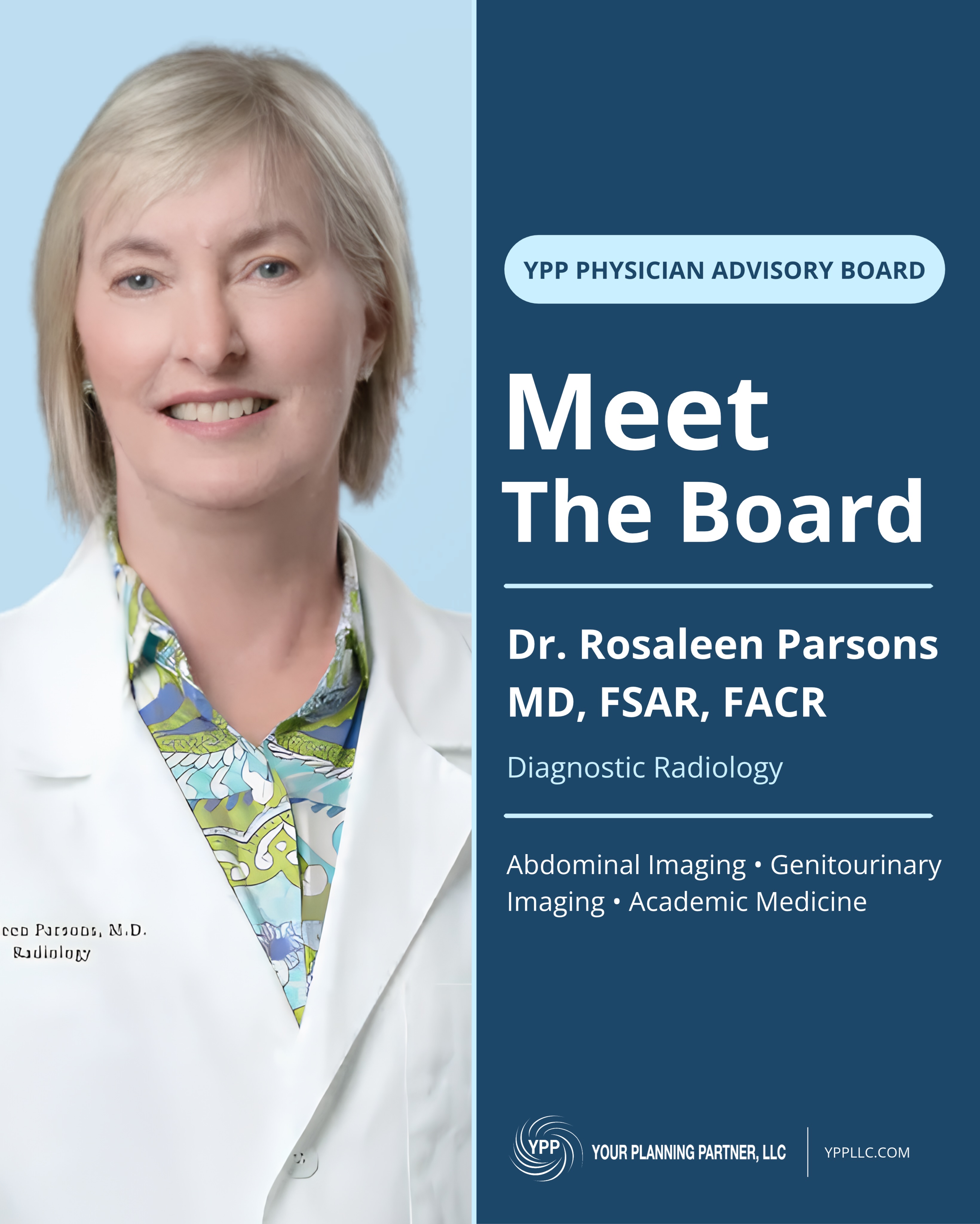 Please join us in welcoming Dr. Rosaleen Parsons, MD, FSAR, FACR, to the YPP Physician Advisory Board.
The board brings physicians together to help shape YPP’s financial planning, tax strategy, and educational resources for medical professionals and their families.
Dr. Parsons brings extensive experience in diagnostic radiology, abdominal imaging, clinical leadership, quality assurance, and patient safety.
Throughout her career, she has led outpatient, hospital, and academic imaging departments, authored more than 35 peer-reviewed publications, and delivered over 50 invited presentations.
We are grateful to welcome Dr. Parsons and the valuable clinical, academic, and operational perspective she brings to the board.
#physicians #physician #wealthbuilding #financialplanning #personalfinance
