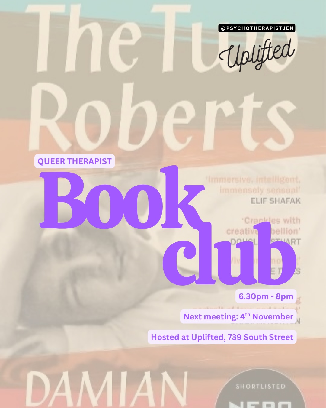 Our next book club read is here - a queer Scottish fiction book called ‘The Two Roberts’ by Damian Barr 📖 So something a little different from our first book.
If you’re a queer counsellor or psychotherapist (in training or post-qual) in Glasgow and fancy joining our next meeting over at Uplifted, just drop me a DM 🥰 ✌️ 🏳️🌈 🏳️⚧️
#bookclub #glasgow #therapist #queer
