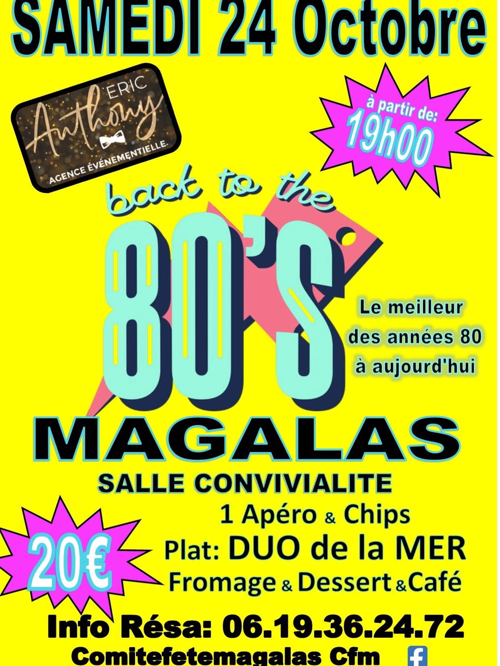 SAMEDI 24 Octobre.
Soirée Années 80 jusqu’à nos jours 😜
Notre Quatrième édition avec Eric ANTHONY aux platines ! 😎
VENEZ FAIRE LA FETE AVEC NOUS!!!!!
Ouverture des portes à 19h00
Plat Florian traiteur servi à partir de 20h30.
A vos réservations, places limitées !!!