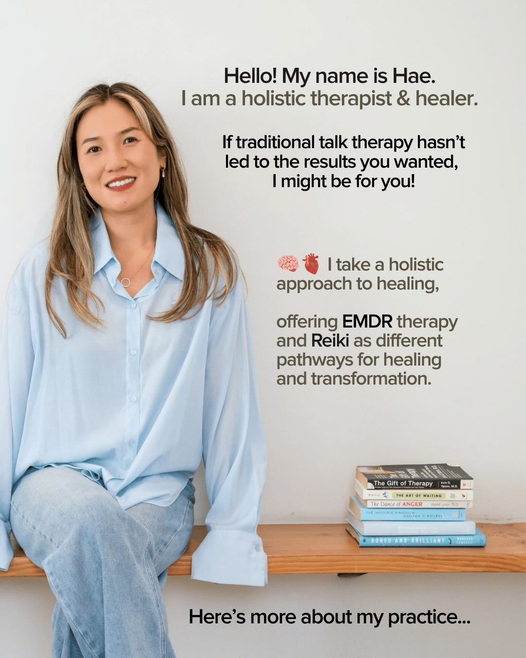 If traditional talk therapy hasn’t given you the results you hoped for, EMDR or Reiki may offer a different pathway toward healing and transformation that lasts.
🤍I offer complimentary 15-minute Zoom consultations to explore if we’re the right fit. And if I’m not, I’m happy to connect you with another trusted practitioner who may be!
🧠🫀𝗵𝗲𝗿𝗲 𝗮𝗿𝗲 𝗮𝗹𝗹 𝘁𝗵𝗲 𝘄𝗮𝘆𝘀 𝘄𝗲 𝗰𝗮𝗻 𝘄𝗼𝗿𝗸 𝘁𝗼𝗴𝗲𝘁𝗵𝗲𝗿 🧠🫀
- Reiki + Energy Reading (in-person / remote)
- EMDR / Talk Therapy (in-person / virtual in CA)
- Energy Reading (emailed)
- Reiki I, II & Mastership Certification Trainings (online live)
To learn more, view availability, read testimonials, or schedule a free consultation, visit www.stayandvibe.org or email me directly at hello@stayandvibe.org
Here’s to taking the next step toward becoming who we know we’re capable of being 🤍
.
.
.
Hae Lee, M.A. in Clinical Psychology, Associate Marriage and Family Therapist (AMFT) 152304. Supervised by Katrina Paulino, Licensed Marriage and Family Therapist (LMFT) 102406
.
.
.
.
.
.
.
.
.
.
.
.
.
.
.
#holistictherapist #santamonica #reiki #EMDR #westlosangeles