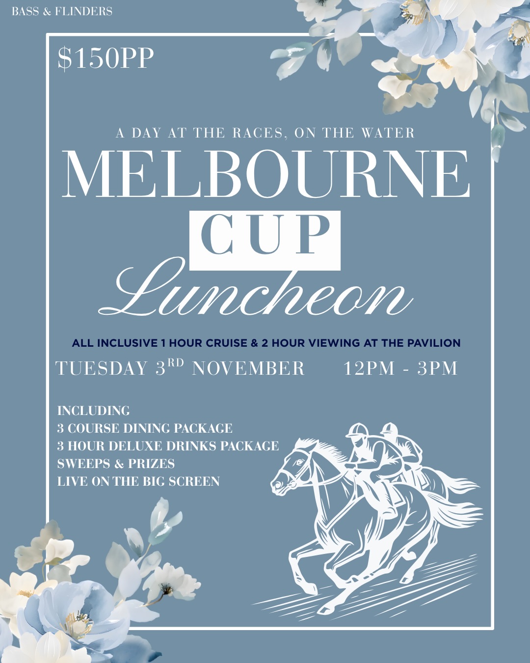 🏇MELBOURNE CUP LUNCHEON 2026🏇
Make a day of the race that stops the nation! 🥂
Join us at Bass & Flinders Pavilion this Melbourne Cup for an all-inclusive afternoon featuring:
⛵ 1 hour cruise on the Georges River
🍽️ 3-course dining package
🥂 3-hour deluxe drinks package
🏇 Sweeps & prizes
📺 Live coverage on the big screen
Tuesday 3rd November, 12PM – 3PM
$150PP
BOOK ONLINE NOW
www.bassflinders.com.au
Dress to impress, gather your favourite people and celebrate Melbourne Cup on the water. 🐎🥂
Bookings are essential — secure your spot now!
#MelbourneCup #MelbourneCup2026 #MelbourneCupLuncheon #BassAndFlinders #SydneyEvents