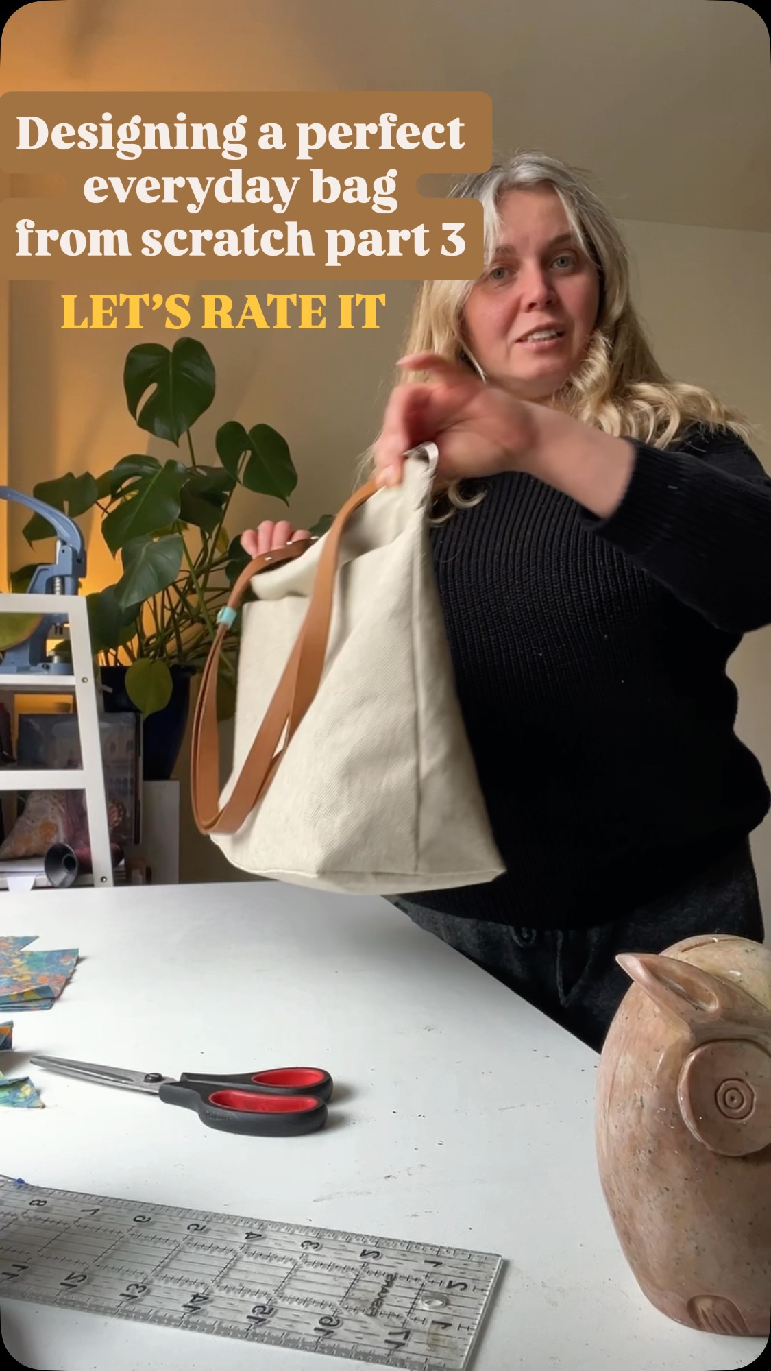Part 3: Let’s rate the prototype:
1. Shape and proportions — 10/10
2. Strap attachments solution — 10/10
3. Bottom — 6.5/10 — it’s too saggy now and needs more reinforcement.
4. Structure — 5/10 — too slouchy, and needs some reinforcement to make it nicely slouchy, not falling down
5. Front — 10/10 — perfect pickets with hidden attachments for tote handles
6. Back — 3/10 — the idea was good but needs a complete redesign to make it work.
The good news — all flaws are fixable, and the bag will be great. Sleek, stylish AND functional! 🥳
Critique is welcomed 😸
Yours,
Ksenia and somewhere chilling Joy 🐈⬛
Bag design, bag prototyping, creating bag from scratch, bag making, bag design from scratch #bagdesigner #bagmaker #bagpattern #handmadebag