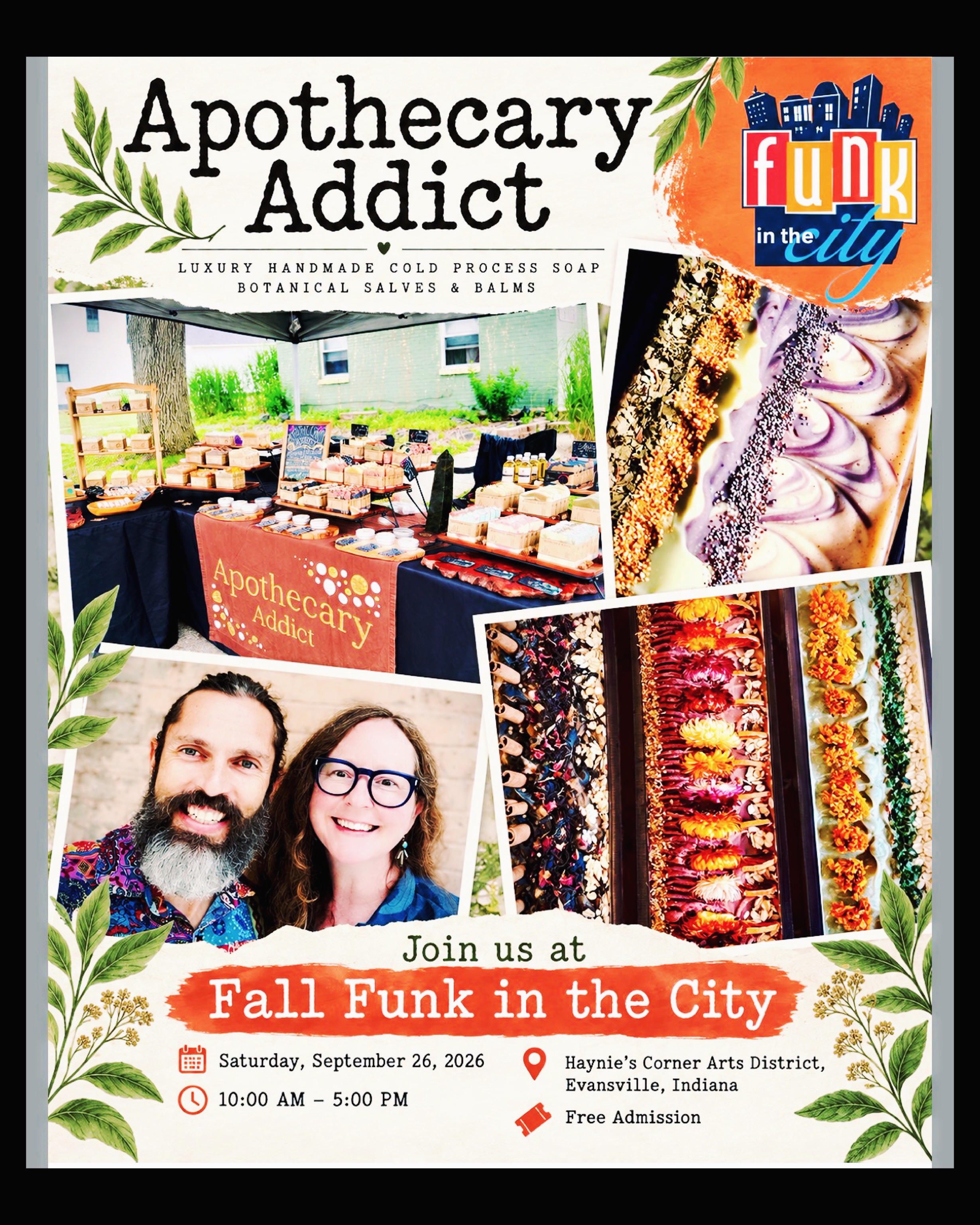 ✨⚗️🧼🫧🤘🌿 APOTHECARY ADDICT WILL BE AT FALL FUNK IN THE CITY THIS SATURDAY! 🌿🤘🫧🧼⚗️✨
This Saturday, I’m packing up the botanical bars, salves, balms, skincare, and all that small-batch goodness and heading to Haynie’s Corner Arts District in Evansville, Indiana for a full day of local art, makers, food, and creative community:
🍂 22nd Annual Fall Funk in the City
📍 Haynie’s Corner Arts District • Evansville, IN
🗓 Saturday, September 26
⏰ 10AM–5PM
🎟 FREE ADMISSION
🍁🎨 Funk in the City brings together artists, artisans, makers, handcrafted goods, specialty items, and local food trucks for one big celebration of creativity in one of Evansville’s most vibrant arts districts. 🎨🖌️🖼️✨
And somewhere among all that wonderful local art and handmade goodness… you’ll find Apothecary Addict. 🖤🌿🧼⚗️🌹
Come smell the soaps, discover your next favorite balm, restock the things you already love, and explore my latest botanical skincare and body-care creations. Take home a little everyday alchemy — handcrafted in small batches with premium natural and botanical ingredients, intention, quality, and care. ✨⚗️🌱
🌿 Botanical soaps + body care
🧼 Handcrafted cold process soap
⚗️ Salves + balms
✨ Thoughtfully formulated skincare
♻️ Eco-conscious small-batch goods
🎨 Made with an artisan spirit and a little botanical magic
✨⚗️🌿🧼 And while you’re wandering through all the amazing vendors and artisans, be sure to stop by and show some love to my wonderful friends over at @moonlight_hollow too! 🌙🍃🫧🎨
Bring your friends, wander the district, eat something delicious, discover local artists and makers, and come say hello at the booth. I’d love to see some familiar faces — and meet some new ones too. 🍂🌿✨
Saturday, September 26 | 10AM–5PM | Haynie’s Corner Arts District | Evansville, Indiana
See you at Fall Funk in the City. 🌿⚗️🧼🎨✨
#ApothecaryAddict #FunkInTheCity #HaynieCorner #BotanicalSkincare #ShopSmall