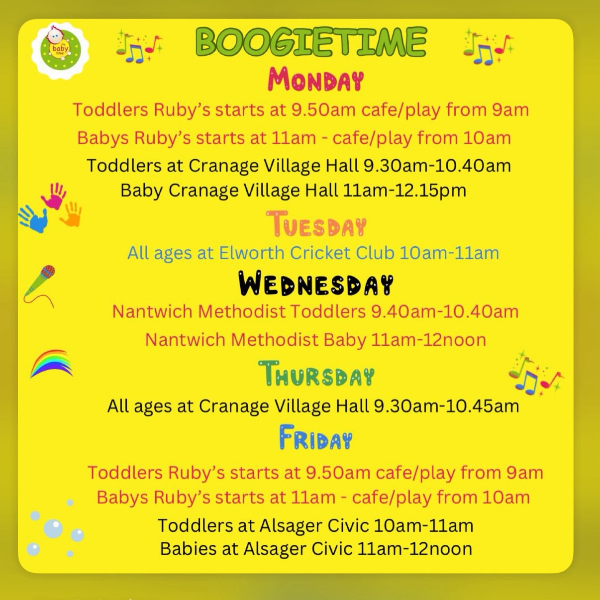 This weeks timetable and all classes are drop in and pay as you go.
We’ve also released the mini memories sessions on Tuesday 13th October (link in bio on Instagram or visit our website for more details)
Have a fantastic week
#boogietime #mybabytime