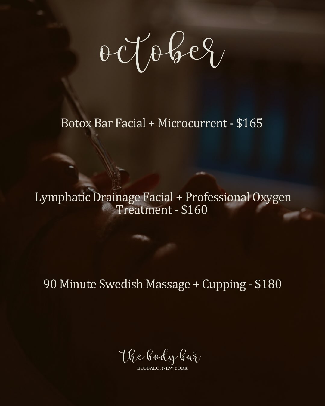Happy Thursday! Our October specials are here! 🤎🎃🍂
Botox Bar Facial with Microcurrent: Turn back the clock with our signature anti-aging facial, now enhanced with the lifting power of microcurrent. Powered by Argireline—often called “topical Botox”—this treatment helps soften the appearance of fine lines while deeply hydrating and plumping the skin. Microcurrent technology tones facial muscles, improves circulation, and provides an instant lifted, sculpted appearance for a youthful, radiant glow—no injections required.
Lymphatic Drainage Facial with Professional Oxygen Treatment: This soothing yet effective facial pairs lymphatic drainage techniques with advanced oxygen therapy to leave skin visibly refreshed and radiant. Gentle massage and light cupping help move stagnant fluid, reduce inflammation, and improve overall circulation. A professional oxygen peel completes the treatment, increasing oxygenation to the skin while 5% lactic acid provides gentle exfoliation for immediate brightness. Ideal for those looking to de-puff, detox, and restore a healthy glow.
90 Minute Swedish Massage with Cupping: Experience the best of relaxation and recovery. Our 90-minute Swedish Massage paired with therapeutic cupping helps ease muscle tension, improve circulation, and promote faster recovery while melting away stress. Leave feeling refreshed, rebalanced, and renewed from head to toe.
Product of the Month – Mizzi Whipped Lip Masque: Made with natural enzymes to gently remove dead, dry skin and infused with specially formulated hyaluronic acid to help keep lips moisturized. Lemongrass, grapefruit, and lemon essential oils give lips a boost of vitamin C and antioxidants which help calm inflammation.
Book online or call at 716-387-2515 to indulge in some self care 🫶🏻