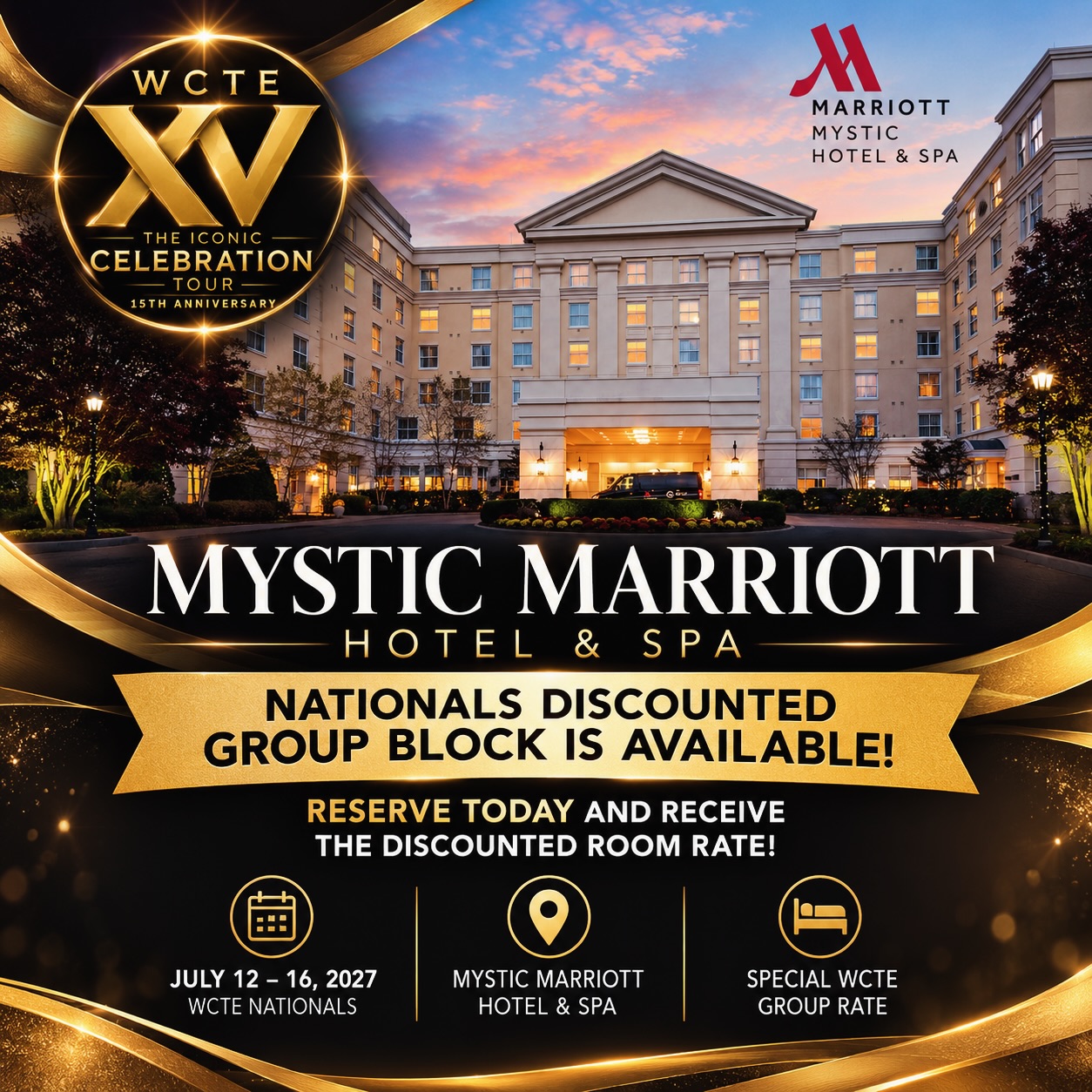 MYSTIC NATIONALS HOTEL BLOCK IS NOW LIVE!
Our discounted WCTE group room block is open for reservations.
📅 July 12–16, 2027
📍 Mystic Marriott Hotel & Spa
Reserve your room today and receive the special discounted group rate available exclusively for WCTE Nationals attendees.
Rooms are limited, so we recommend reserving early.
Booking link available now at WCTEDance.com
We can’t wait to celebrate our 15th Anniversary — The Iconic Celebration Tour with you in Mystic! #wcte15yranniversarytour #wctenationals #wctemystic #inspireandbeinspired #jointheexperience