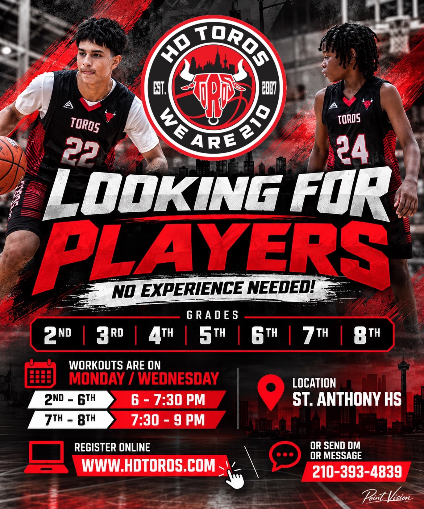 🏀 LOOKING FOR PLAYERS! 🐂
Want to get better, compete, and be part of the CULTURE? No experience needed — just come ready to work!
📍 Grades 2nd–8th
📅 Mondays & Wednesdays
🏀 2nd–6th | 6:00–7:30 PM
🏀 7th–8th | 7:30–9:00 PM
📍 St. Anthony HS
Register at www.hdtoros.com or send us a DM!
📲 210-393-4839
Come get some CUL🤘🏻URE.
#WeAre210 | #EarnIt | #hdtoros