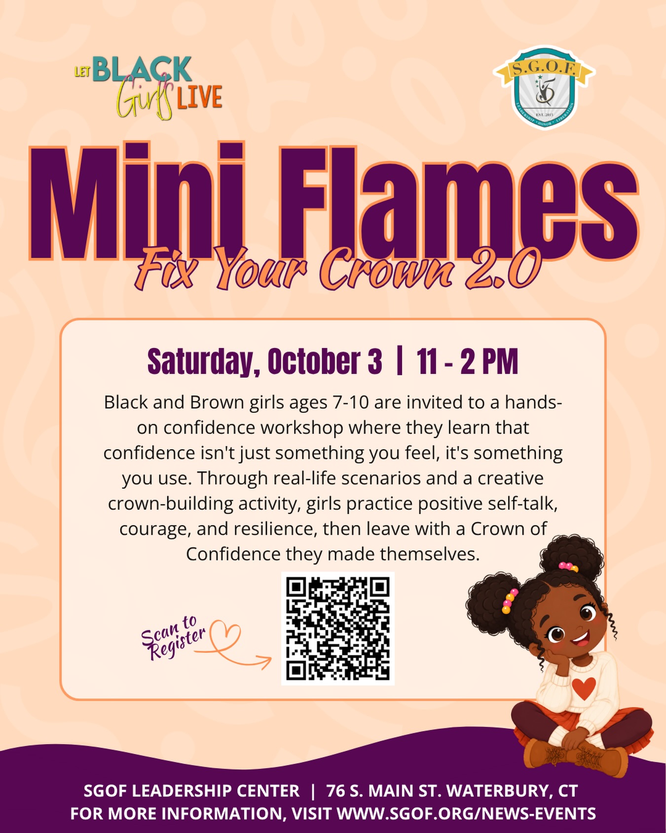 👑✨ MINI FLAMES SERIES 2.0 IS BACK! ✨👑
First, we asked: “What About Your Friends?” 💕
Now, it’s time to FIX YOUR CROWN. 👑🔥
This Saturday, our Mini Flames are stepping into their confidence with SGOF Liberation Academy for a hands-on workshop designed to remind every Black & Brown girl ages 7–10 that confidence isn’t just something you feel — it’s something you USE.
Through real-life scenarios, positive self-talk, courage-building, resilience, and a little creativity, our girls will create their very own ✨ Crown of Confidence ✨ — because there’s nothing like wearing the confidence you built yourself.
We’re pouring into our girls, one flame at a time. 🔥💗
Workshop #2: FIX YOUR CROWN 👑
📅 This Saturday
🔥 Mini Flames Series 2.0
🌟 Mentored by SGOF Liberation Academy
Because sometimes your crown doesn’t need permission to shine…
it just needs a little reminder of who you are. 👑✨
#SaveGirlsOnFYER #MiniFlames #MiniFlamesSeries #FixYourCrown