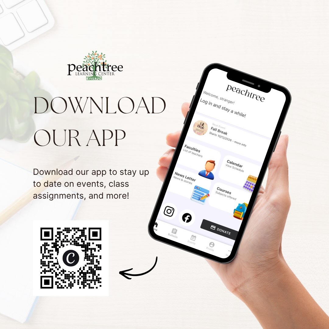 📲 We’re so excited to announce…our APP!
We’ve been working behind the scenes to create an easier way for our Peachtree community to stay connected!
Through the app, you can stay up-to-date on events, see faculty, and join us on our socials!
Download the app in the App Store now!