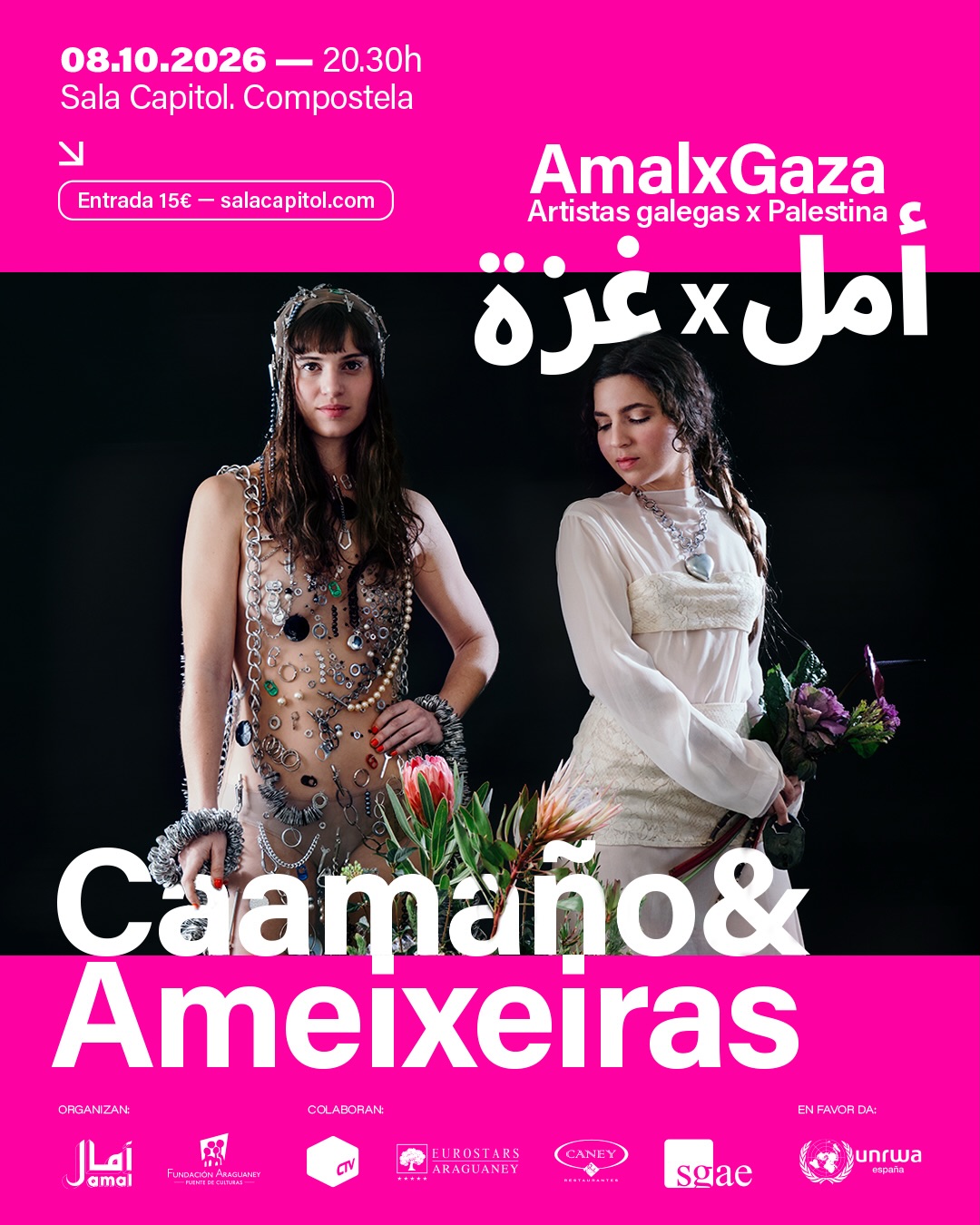 🎶 E con Caamaño&Ameixeiras pechamos o cartel de AmalxGaza '26
🎟️ Entradas dispoñibles en www.salacapitol.com 👉 enlace na bio
📍 Tamén na Reixa Tenda / Matrioska (rúa do Hórreo 53).
Xunto a The Rapants, Laura LaMontagne e O Xoán, completan un cartel que encherá a Sala Capitol de música e solidariedade coa causa palestina 🇵🇸
Cartel completo, agora só faltas ti!
