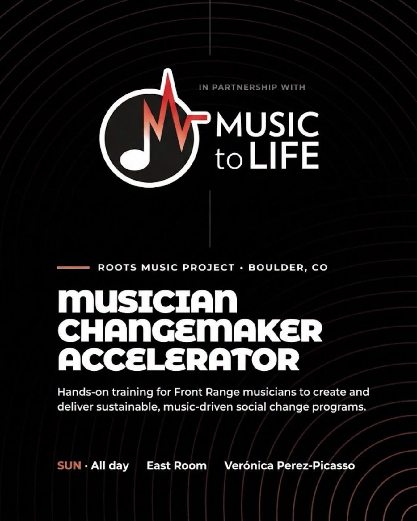 ๐ถ Turn Your Music Into Lasting Change ๐โจ
Join us on Sunday, October 11th for an immersive workshop designed for Front Range musicians ready to turn their artistry into sustainable, community-driven programs. ๐ค๐ก
Presented by Music to Life, in collaboration with Roots Music Project and Connected by Music, this all-day experience will help musicians explore how creativity can become a powerful tool for meaningful community impact. ๐ค๐ต
๐ค Facilitator: Verรณnica Perez-Picasso
๐
Sunday, October 11th โ All Day
๐ East Room
๐๏ธ Get your tickets at: RMPtix.com
.
.
.
#MusicForChange #MusicWorkshop #BoulderMusicians #CommunityThroughMusic