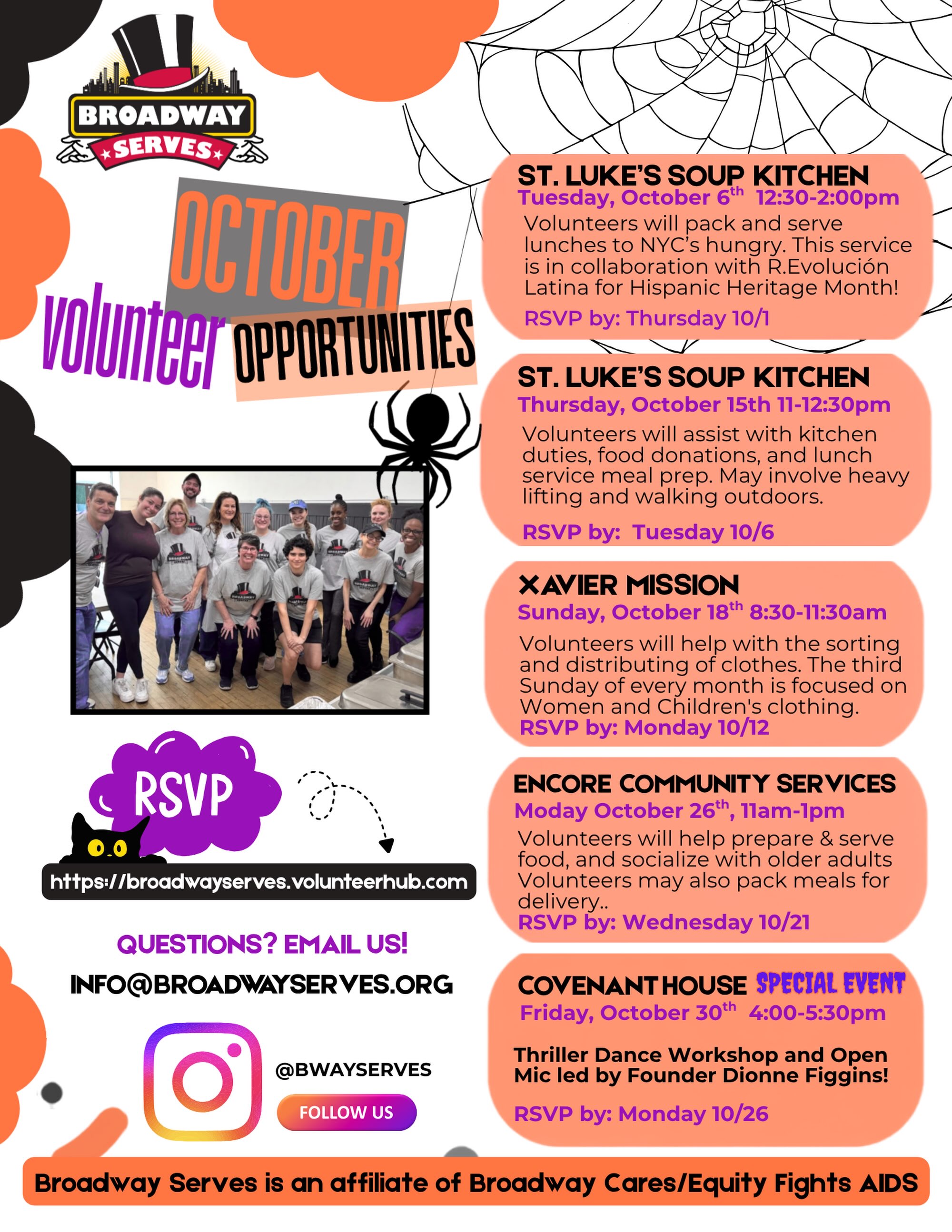 October is looking scarily good for service. 👻
We’ve got plenty of ways to show up with Broadway Serves this month—from serving meals and sorting clothing to a very special Thriller Dance Workshop + Open Mic at Covenant House.
Whether it’s your first time volunteering with us or you’re a familiar face, we’d love to serve alongside you.
🎃 October opportunities include:
🍽️ St. Luke’s Soup Kitchen
👕 Xavier Mission
❤️ Encore Community Services
🕺 Covenant House Special Event
Spots are limited, so sign up through VolunteerHub by the RSVP dates listed above.
Questions? info@broadwayserves.org
Come serve with us.
Be the change beyond the stage.
#BroadwayServes #VolunteerNYC #NYCVolunteers #TheatreCommunity