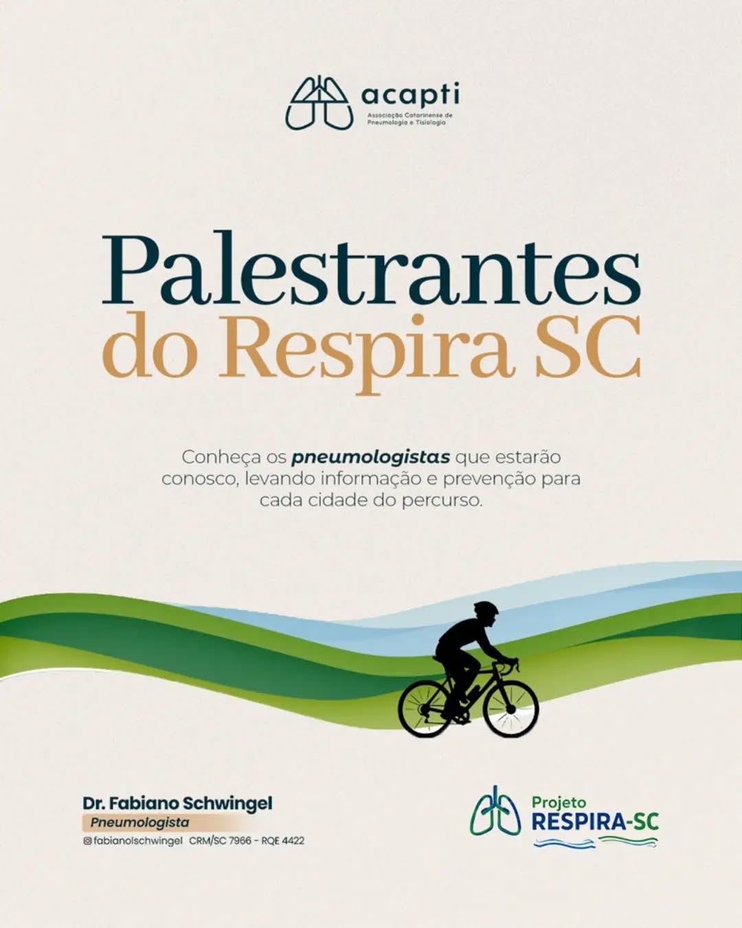 O Respira SC também é feito por quem acredita que informação e prevenção precisam chegar mais longe.
Ao longo do percurso, pneumologistas de diferentes cidades estarão conosco nas ações educativas, levando conhecimento sobre tabagismo, cigarros eletrônicos e saúde respiratória para estudantes e comunidades.
Neste carrossel, você conhece os profissionais que estarão à frente das palestras em cada etapa do percurso.
A cada cidade, uma nova conversa. Um mesmo propósito: prevenir antes que o hábito se transforme em dependência.
Nosso agradecimento a todos os pneumologistas que aceitaram fazer parte dessa jornada.
#RespiraSC #ACAPTI #SaúdeRespiratória #TabagismoNão #SantaCatarina
@fabianolschwingel
@pedalagente_tour
@fiodavida_
@pneumocentrojoinville
@saomarcosdigital
@abravcoficial
@clinicaneurologica
@crosc_oficial
@inspire.dpc
@sbcsantacatarina