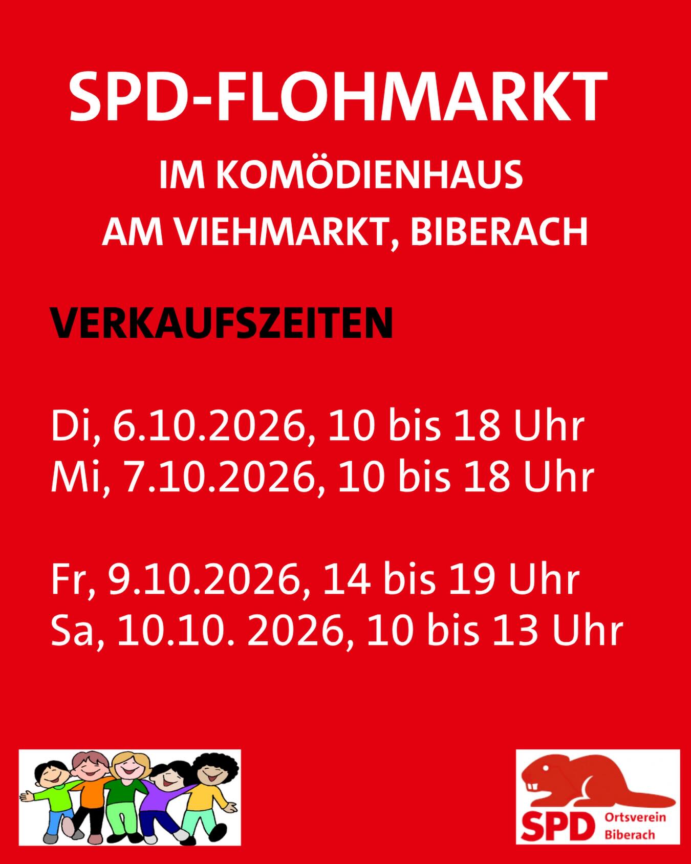 🛍️ Am 6.10.2026 öffnet der Flohmarkt! ✨
Kommt vorbei und entdeckt besondere Fundstücke. Es gibt laufend frische Ware.
📍 Komödienhaus, Viehmarktstraße 10, 88400 Biberach
Spendenannahme:
Montag, 5.10.2026, 13 bis 18 Uhr
Bitte bringt nur gut erhaltene und saubere Flohmarktartikel. Nicht angenommen werden Autokindersitze und Skiausrüstung.
Verkauf:
Dienstag, 6.10.2026, 10 bis 18 Uhr
Mittwoch, 7.10.2026, 10 bis 18 Uhr
Freitag, 9.10.2026, 14 bis 19 Uhr
Samstag, 10.10.2026, 10 bis 13 Uhr
⚠️ Auch am Samstag werden neue Kisten ausgepackt. Ein Besuch lohnt sich also also immer! Am Samstag ab 11 Uhr senken wir zusätzlich alle Preise.
Jeder Einkauf hilft dem Kinderschutzbund Biberach. ❤️
#SPDFlohmarktBiberach #Biberach #Flohmarkt @kinderschutzbund_biberach
