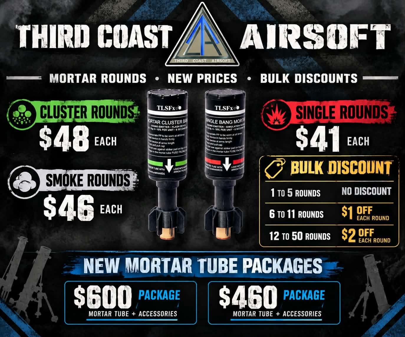 New price drop for our mortar and rounds. Players can purchase them through the event websites on our webpage.
For event pickup only.