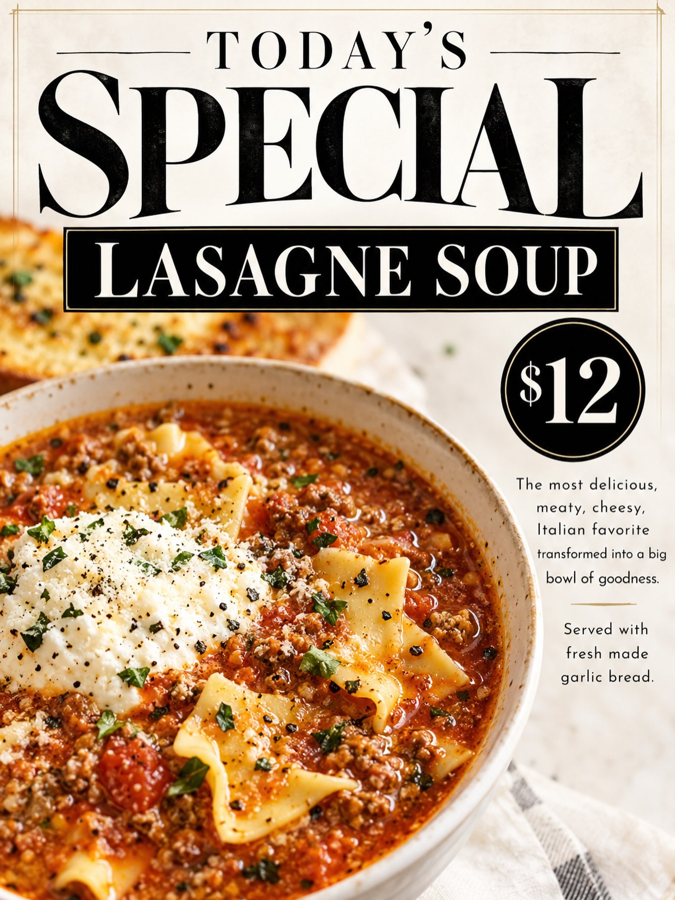 🍝🔥 WEDNESDAY JUST GOT DELICIOUS! 🔥🍝
It’s LASAGNE SOUP DAY at Dessert by MommaCakes! 😍❤️
All the cozy, cheesy, meaty goodness of your favorite lasagna… transformed into a BIG, hearty bowl of comfort! 🥣🤤🍅🧀 And of course, we’re serving it up with fresh-made garlic bread for that perfect dunk! 🧄🥖🙌
Come hungry. Leave happy. ❤️
Today’s Special — $12! 💥
Dine in • Takeout • Delivery 🚗💨
#DessertByMommaCakes #LasagneSoup #WednesdaySpecial #FairfieldTXEats #ComfortFood 🍝❤️