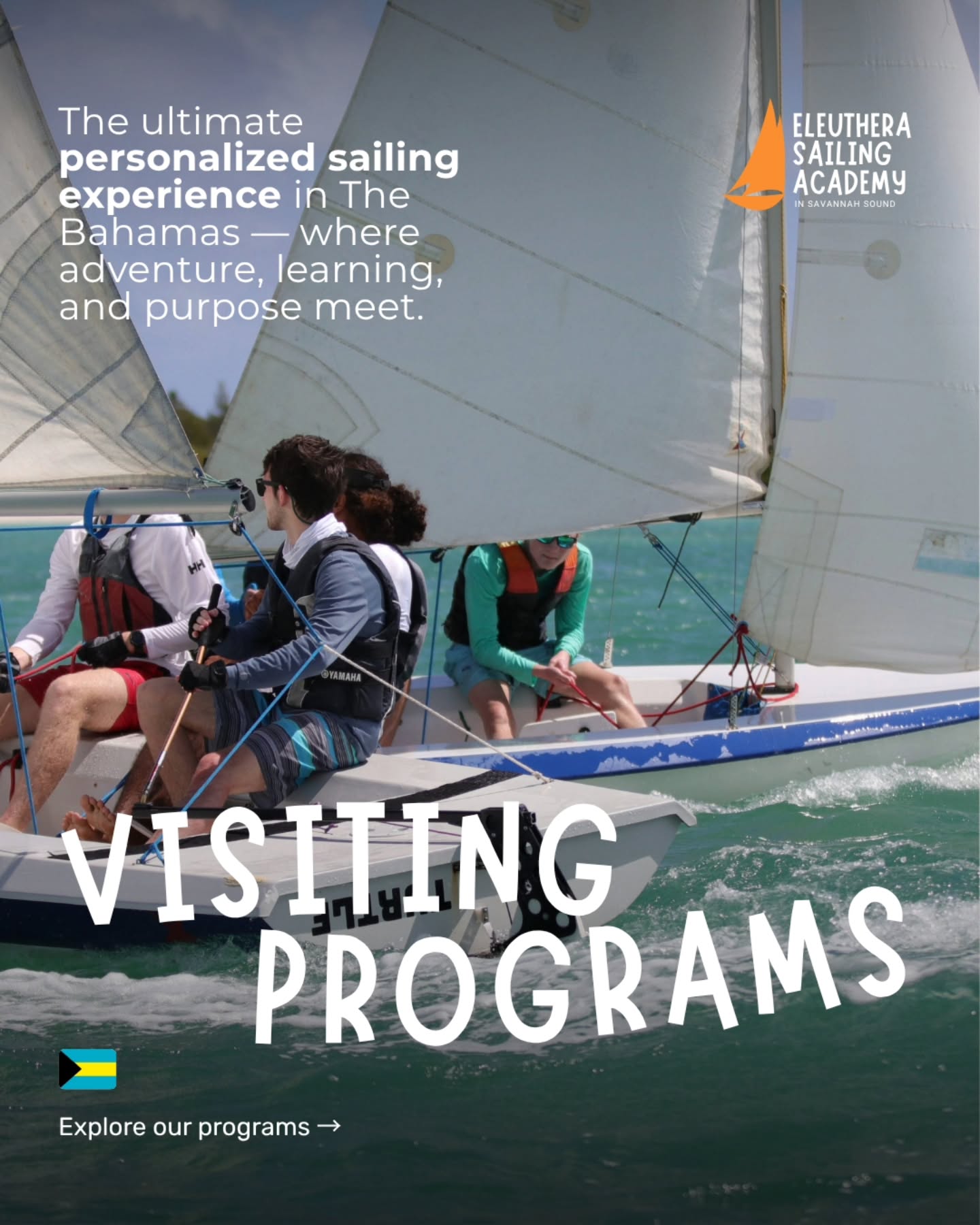 Visiting programs
The ultimate personalized sailing experience in The Bahamas — where adventure, learning, and purpose meet.
ESA welcomes international participants for meaningful, hands-on experiences. Through our visiting programs and sailing camps, guests learn to sail, enjoy watersports, and connect with the local community — experiencing the real Bahamas with excitement, challenge, and fun.
Bring your school, sailing team, or group to Eleuthera Sailing Academy. Tell us how long you’re staying, who’s coming, and what you’d love to experience. We’ll help shape the days around your group, the weather, and the opportunities on the water.
A unique mix of adventure, learning, and positive impact.
#visitingprograms #bahamassailing #sailingschool #higschoolsailing #sailingcamps