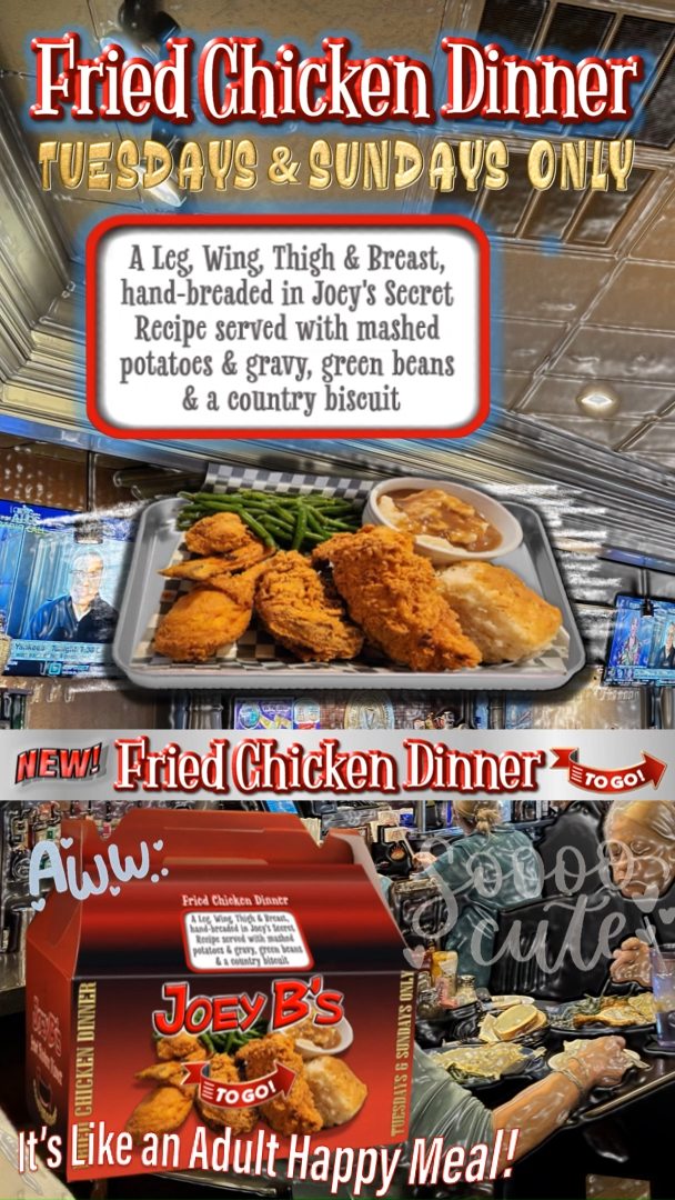Comfort food meets wine night 🍗🍷 Tuesdays at Joey B’s mean crispy Fried Chicken Special and 1/2 price select bottles of wine all day for Twist-Off Tuesday. Grab your friends and make it dinner plans. Our order Fried Chicken TOGO in our special Barn Boxes! #JoeyBs #TwistOffTuesday #FriedChicken #STLFoodie #STLRestaurants #STLDinner