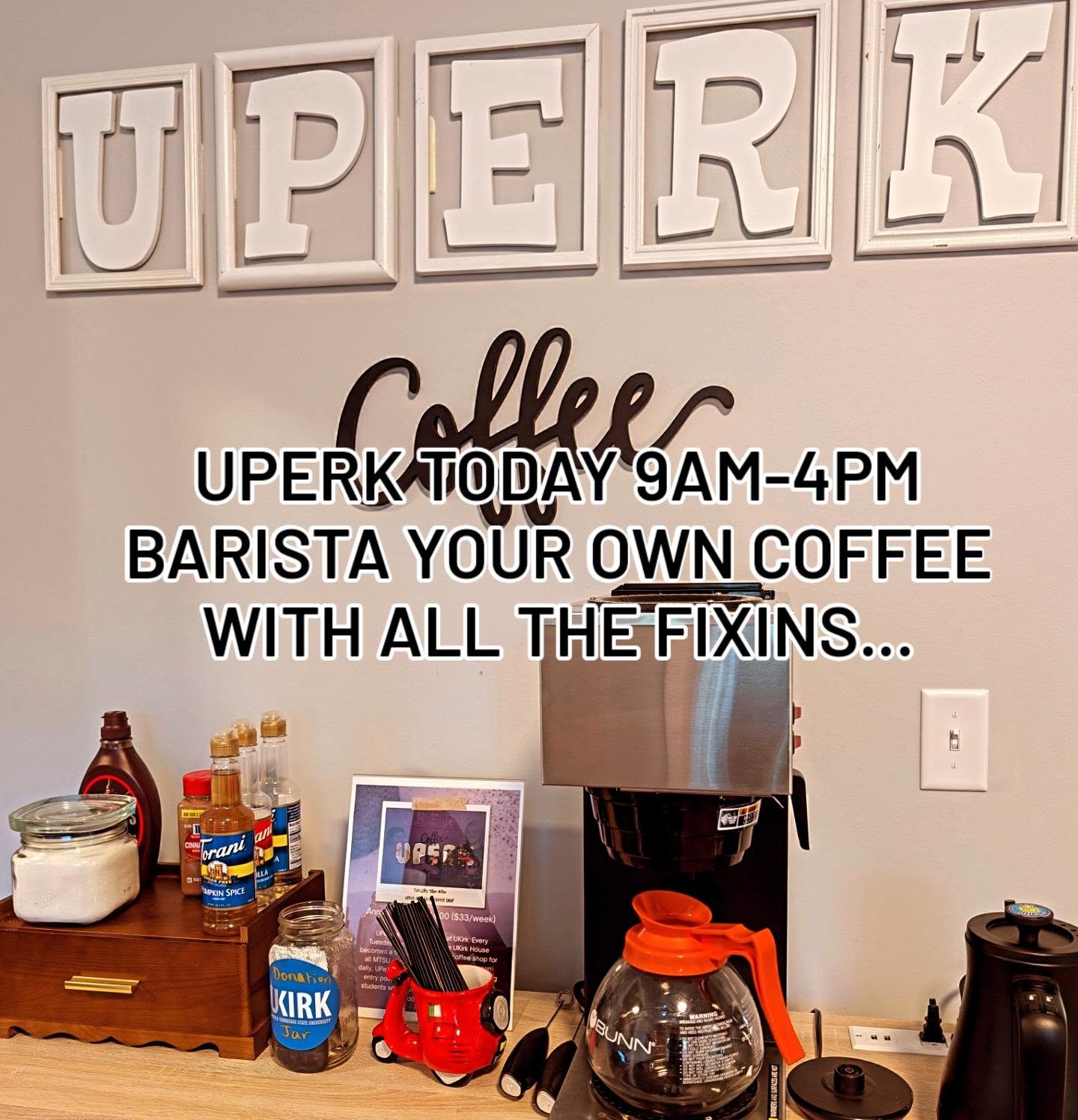 UPERK is happening today at the UKirk House right across the street from @mtsu. UPERK happens every Tuesday 9am-4pm and is a FREE or by small donation self-serve coffee shop for ALL MTSU students.