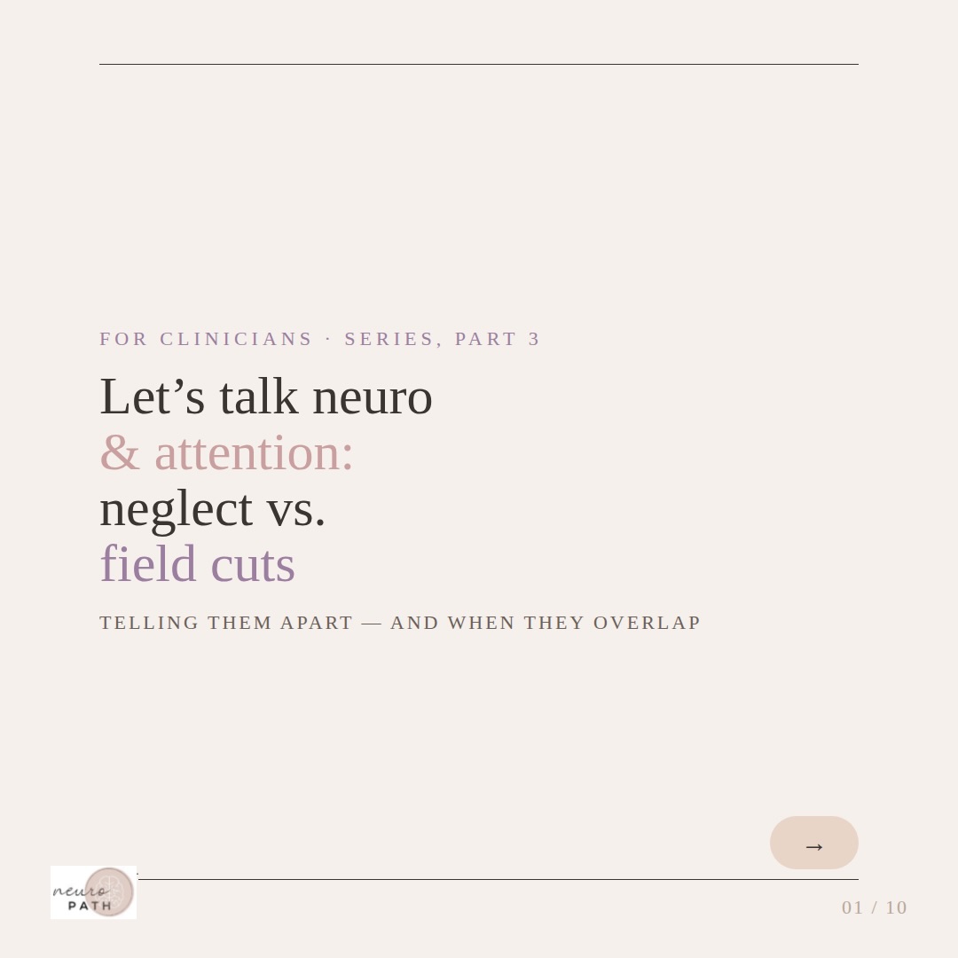 Let’s talk neuro & attention: Neglect vs. Field Cuts, Part 3👁️ They can look identical at first glance — but a visual field cut is a vision problem, and neglect is an attention problem, and they don’t always respond to the same treatment. We break down how to tell them apart, how often they occur together, and why naming the right one (or both) changes the whole plan of care. Part 4 coming soon!
#NeuroRehab #NeuroOT #NeuroPT #HemispatialNeglect #Hemianopia StrokeRehab BrainInjuryRecovery ClinicalEducation EvidenceBasedPractice VisionRehab