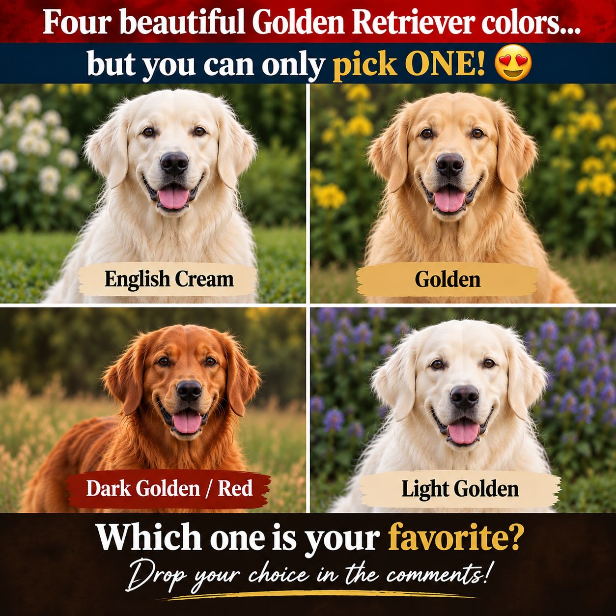 Four Goldens. Four shades. But you can only pick ONE… 👀
🤍 English Cream
💛 Golden
❤️ Dark Golden / Red
✨ Light Golden
We already know which one we’re choosing… the darker, the better! 😂❤️
But what about you?
Drop your pick in the comments — no choosing all four! 👇
#GoldenRetriever #FieldGoldenRetriever #GoldenRetrievers #DogLovers #ActivGoldens