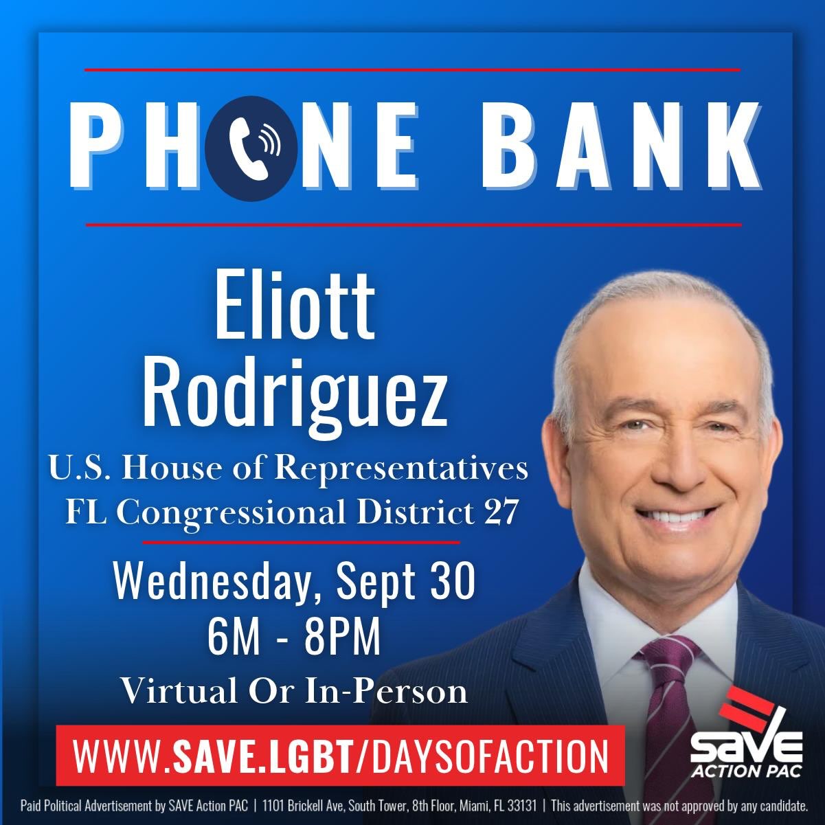 Join SAVE for three Days of Action this week with Eliott Rodriguez for Congress in Florida’s 27th Congressional District!
Eliott is a longtime South Florida journalist who has spent decades listening to and telling the stories of our community. The son of Cuban immigrants, Eliott is running for Congress to make South Florida more affordable, expand access to healthcare, protect Social Security and Medicare, address the housing and insurance crises, support comprehensive immigration reform, protect our environment, and defend equality and democratic values.
Help us connect with voters and build support for @erodforcongress across CD-27.
Wednesday, September 30 | 6–8 PM
Phone Bank - Virtual or In-Person
Thursday, October 1 | 6–8 PM
Phone Bank - Virtual or In-Person
Saturday, October 3 | 10 AM–1 PM
Canvassing
Sign up today at www.save.lgbt/daysofaction or visit the Days of Action link in our bio.