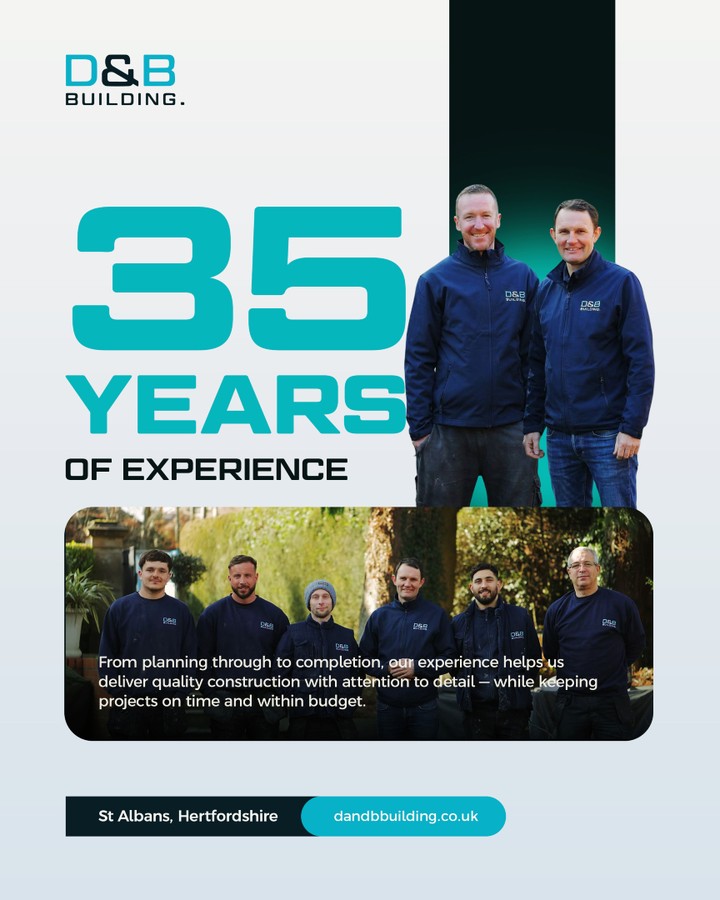 35 years of experience. 🔨
From planning through to completion, experience matters. It helps us deliver quality construction, keep projects on track and make sure every detail is considered along the way.
Proud of the team we've built and the projects we've delivered over the years. 👏
Get in touch with our team today for a free visit and quote 🙌
🌐 dandbbuilding.co.uk
📲 01727 514020 | 07764745711
📧 ben@dandbbuilding.co.uk
📍 St Albans, Hertfordshire
We work primarily in Hertfordshire, with recent projects in Redbourn, Harpenden and St Albans.
#HertfordshireBuilders #StAlbansConstruction #HertfordshireConstruction #StAlbansBuilders #HomeRefurbishment